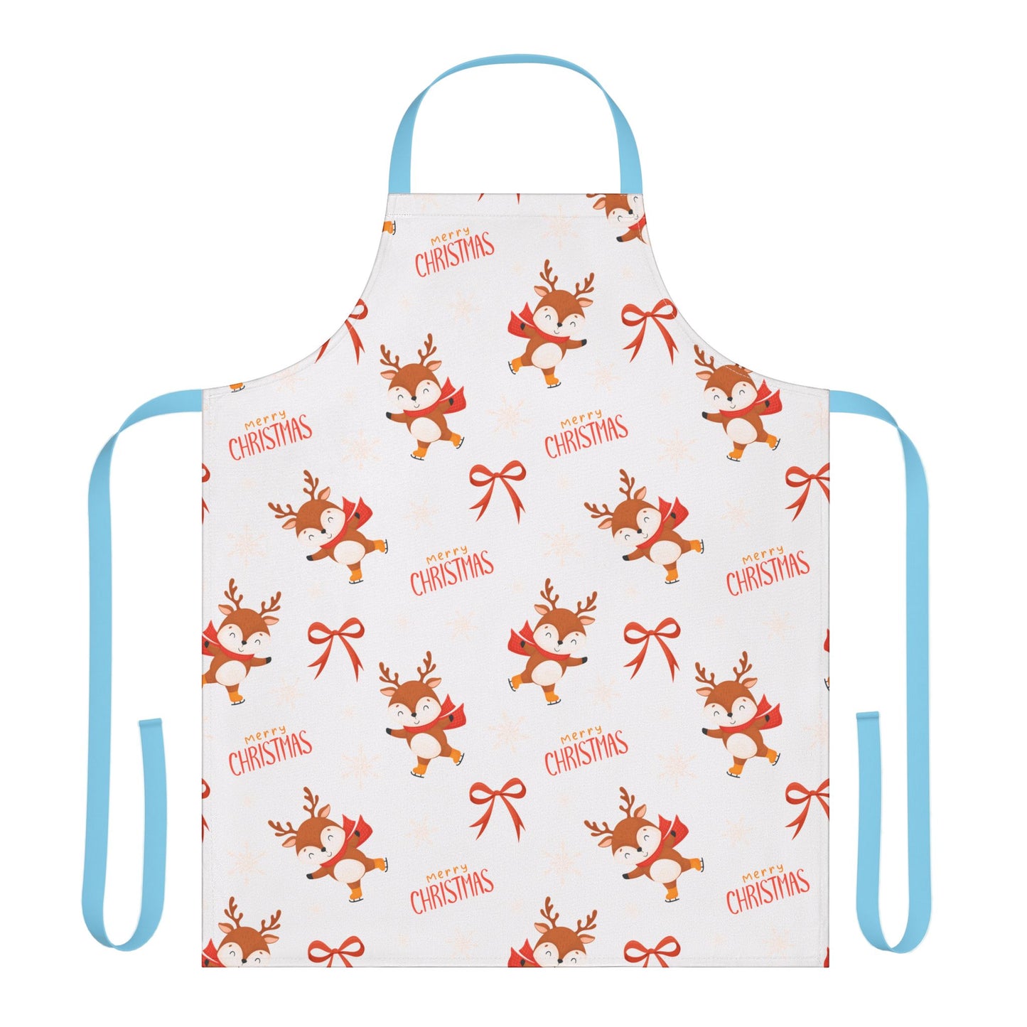 Festive Christmas Apron with Cartoon Reindeer, Red Bows, and Merry Christmas Text