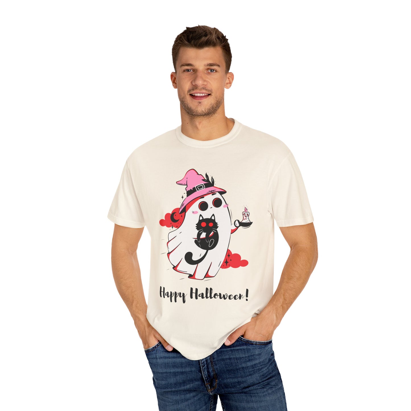 Ghostly Glam T-Shirt - Witchy Whimsy with Cat Companion