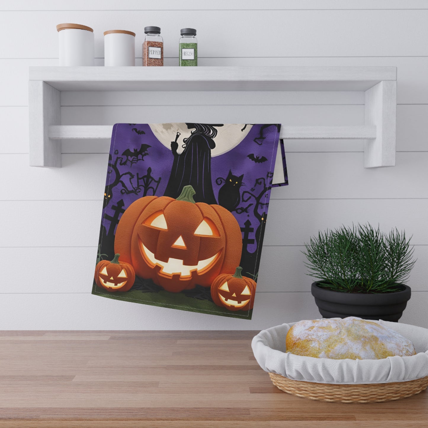 Witch and Jack-O’-Lantern Halloween Tea Towel – Spooky Purple Night Design