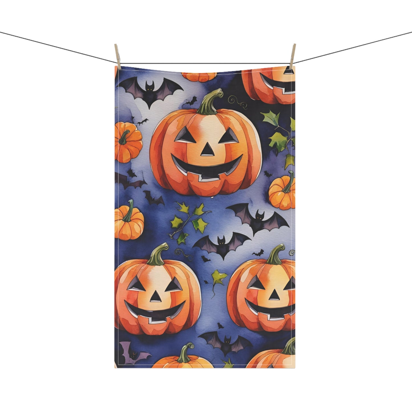 Whimsical Jack-O’-Lantern Halloween Tea Towel – Playful Pumpkin and Bats Design