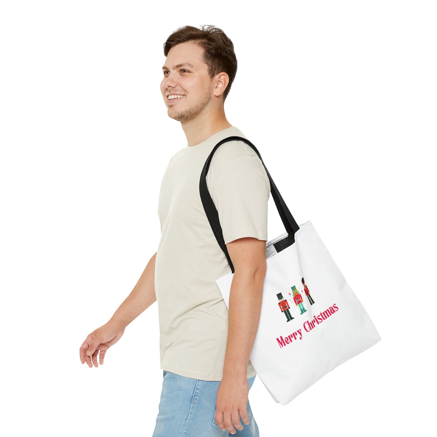 Tote Bag – Nutcracker Trio with “Merry Christmas” Text – Gift for Holiday Shoppers & Seasonal Outings