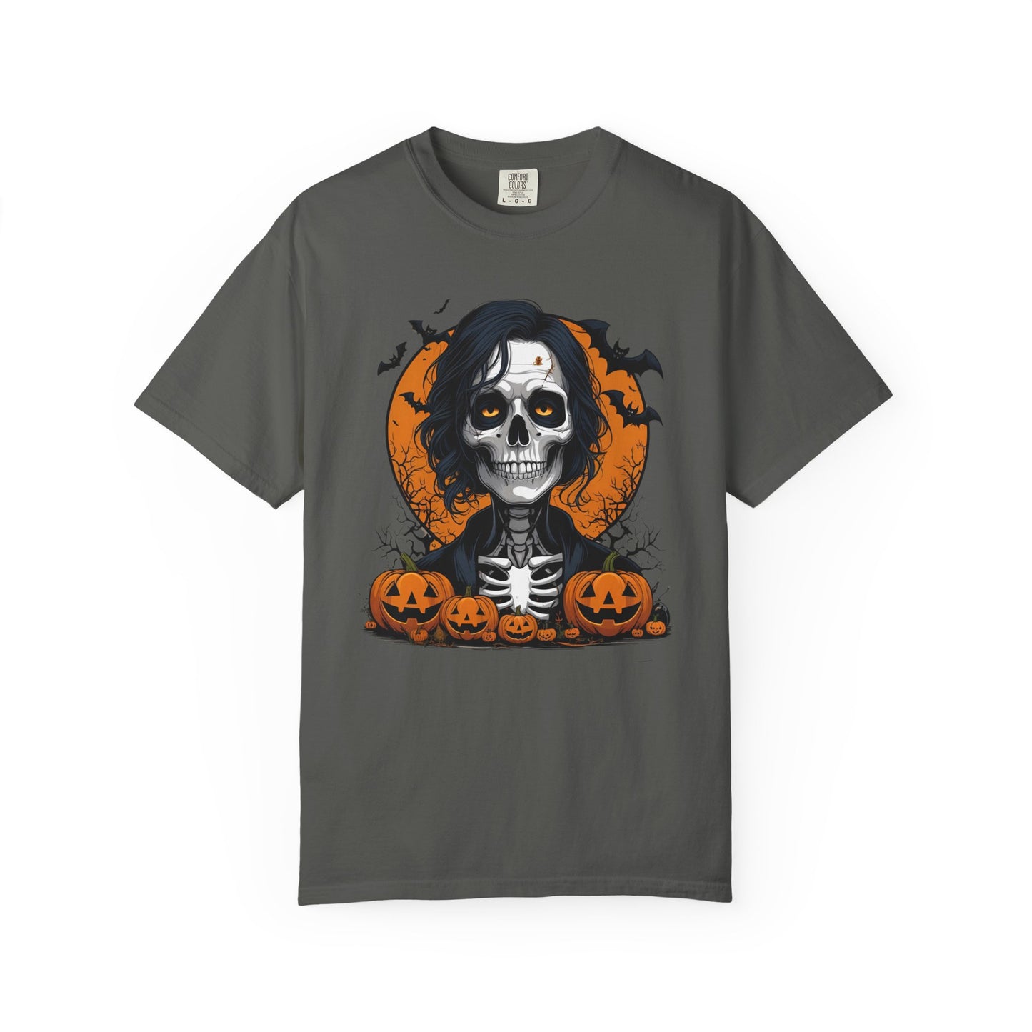 Haunted Skeleton Boy Halloween T-Shirt – Gothic Pumpkin Patch Graphic Tee, Spooky Undead Horror Shirt for Men & Women
