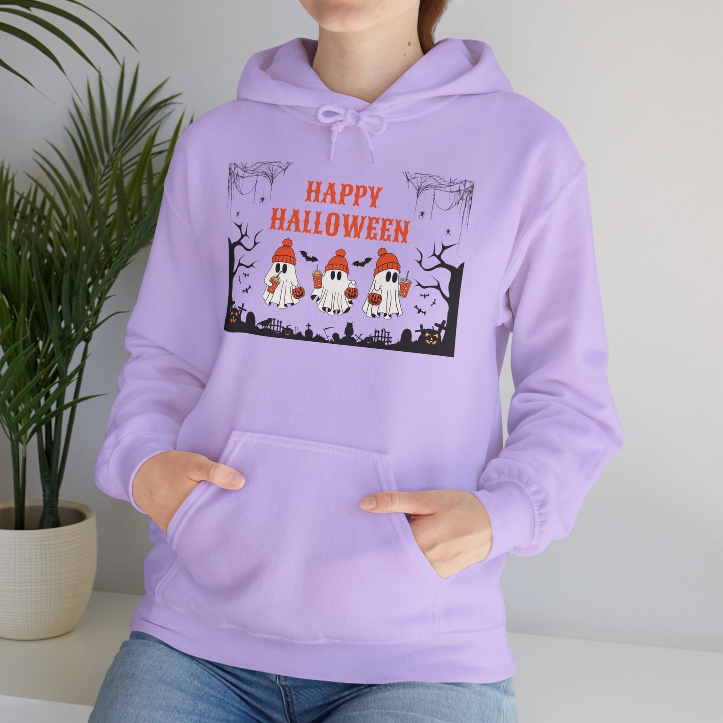 Happy Halloween” Ghost Hoodie – Pumpkin Parade in Haunted Forest