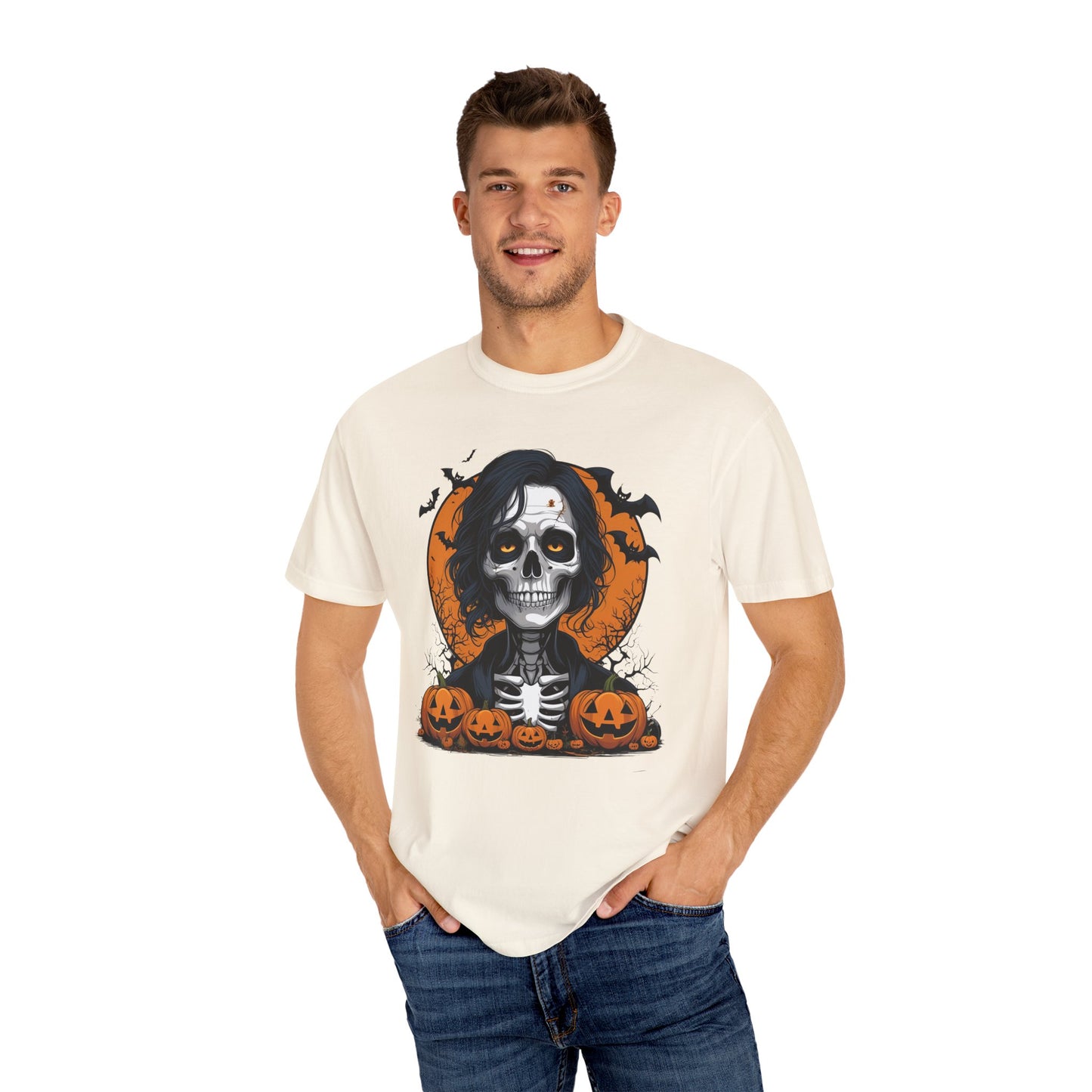 Haunted Skeleton Boy Halloween T-Shirt – Gothic Pumpkin Patch Graphic Tee, Spooky Undead Horror Shirt for Men & Women