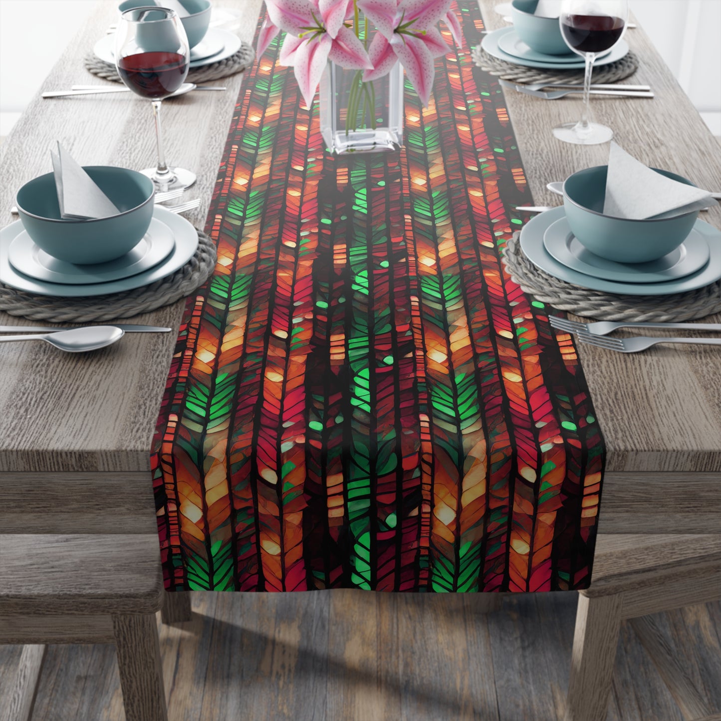Autumn Leaf Pattern Table Runner – Festive Red, Orange & Green Fall Decor