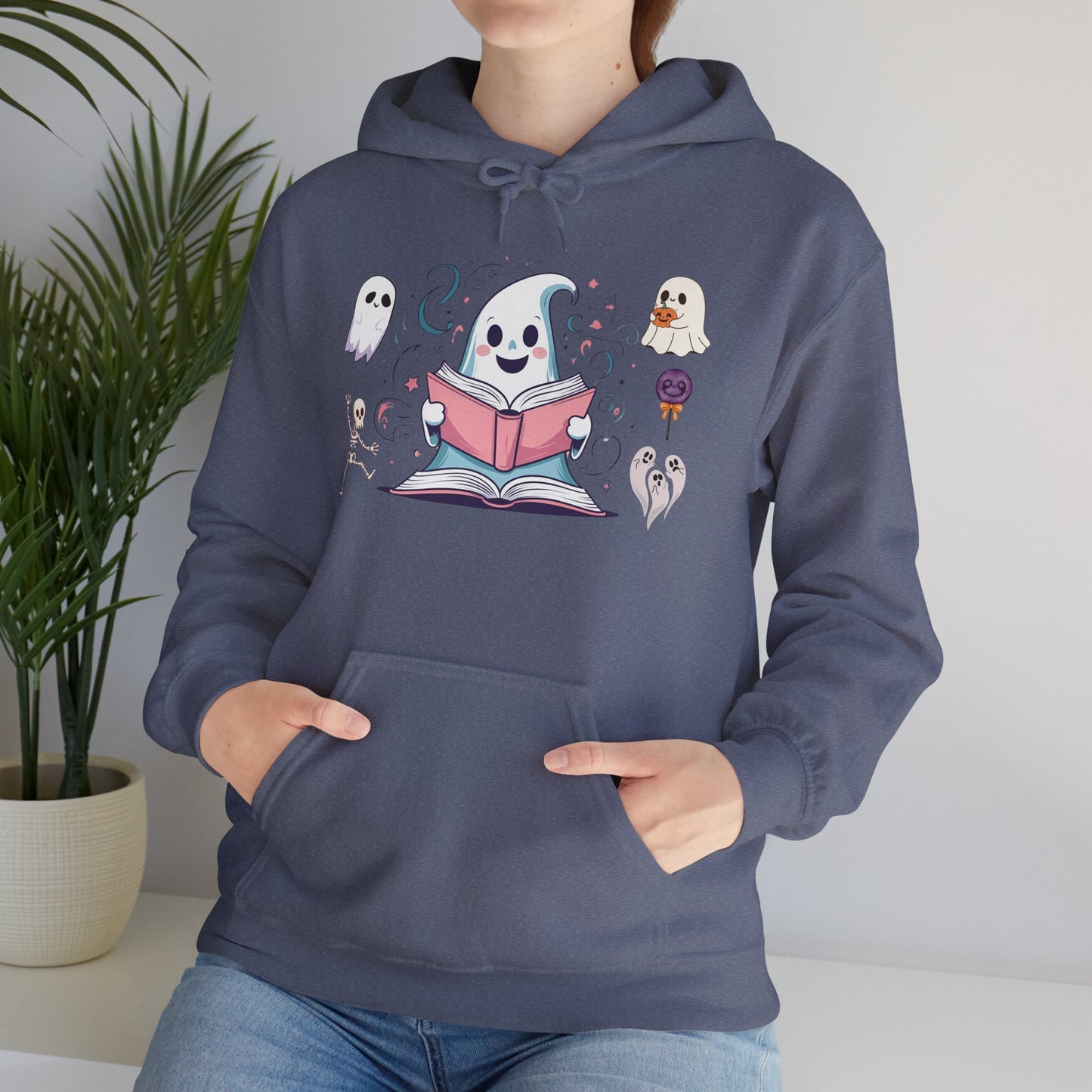 Cute Ghost Reading Hoodie – Whimsical Halloween Sweatshirt for Book Lovers
