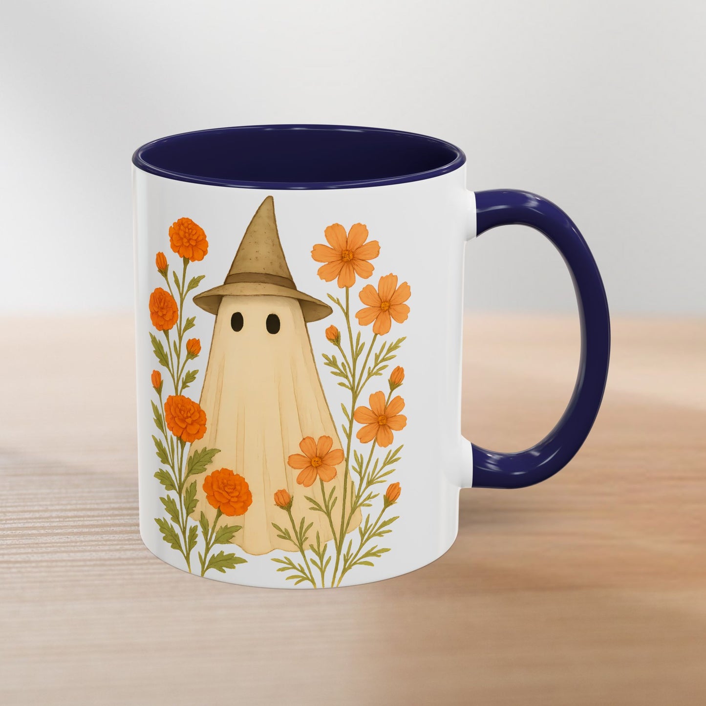October Birth Flower Ghost Mug – Marigold & Cosmos Halloween Coffee Cup