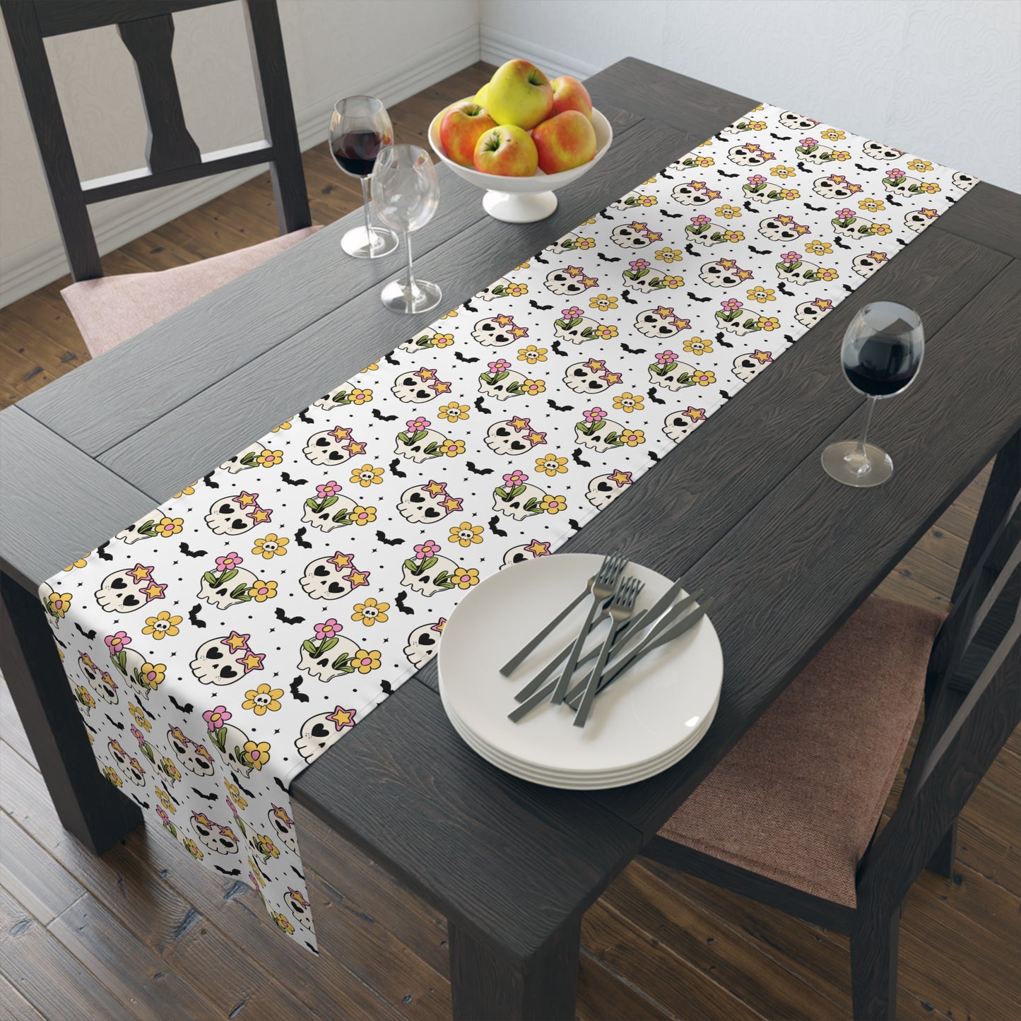 Floral Skull Pattern Table Runner – Pastel Whimsical Halloween Decor