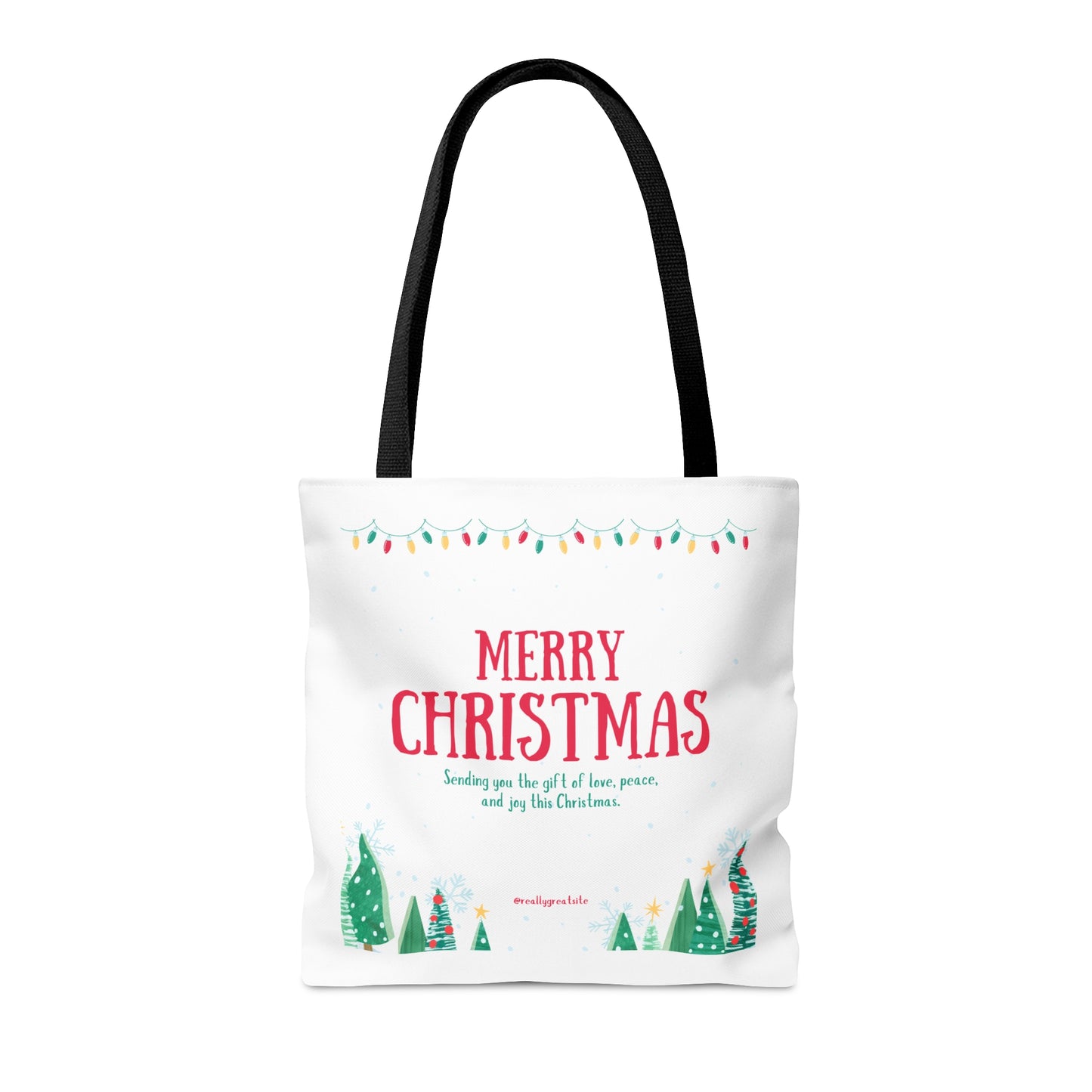 Tote Bag – “MERRY CHRISTMAS” with Lights, Tree Row & Holiday Message – Gift for Festive Errands & Seasonal Cheer