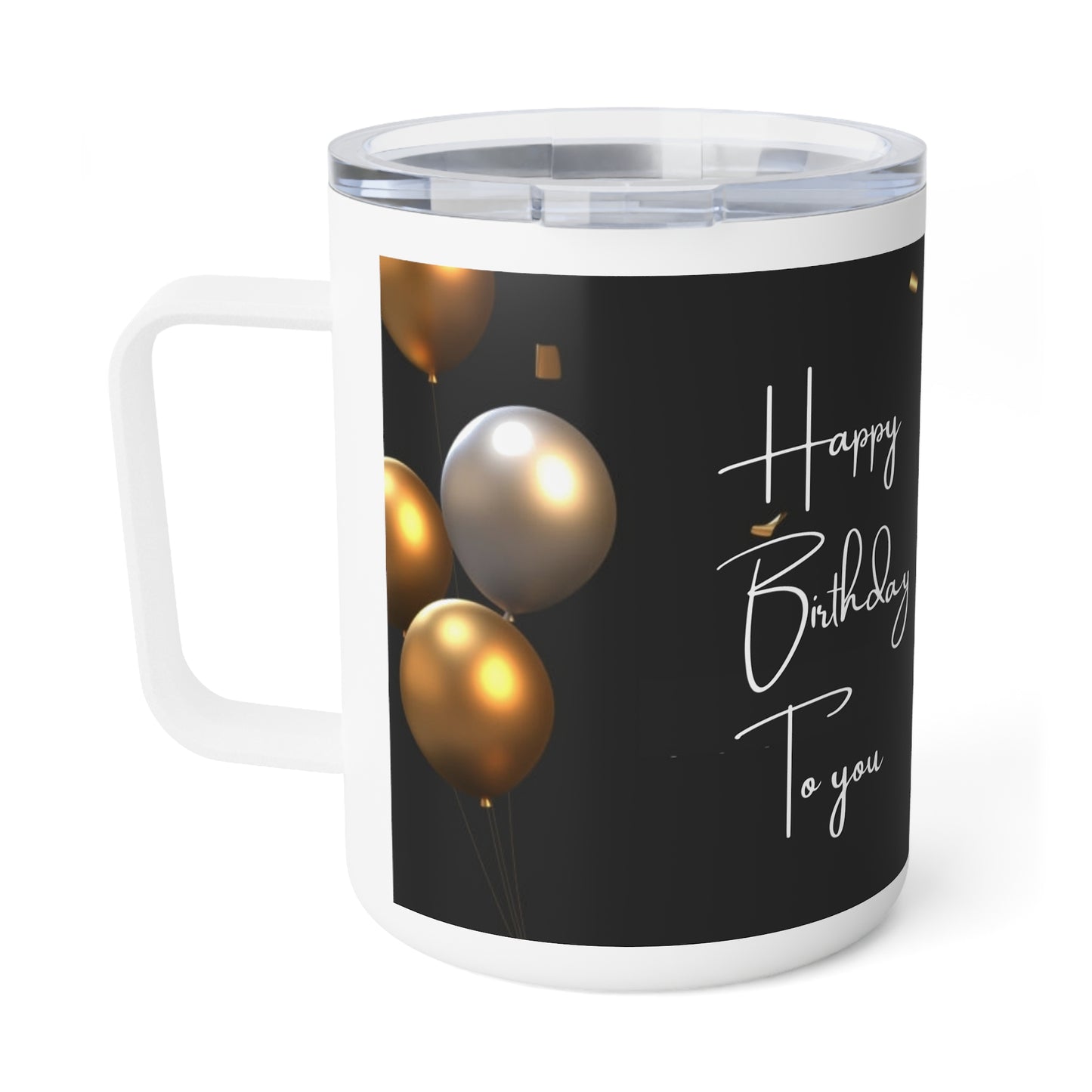 Happy Birthday Travel Mug – Black & Gold Balloon Design, 10oz Insulated Stainless Steel Coffee Tumbler with Lid