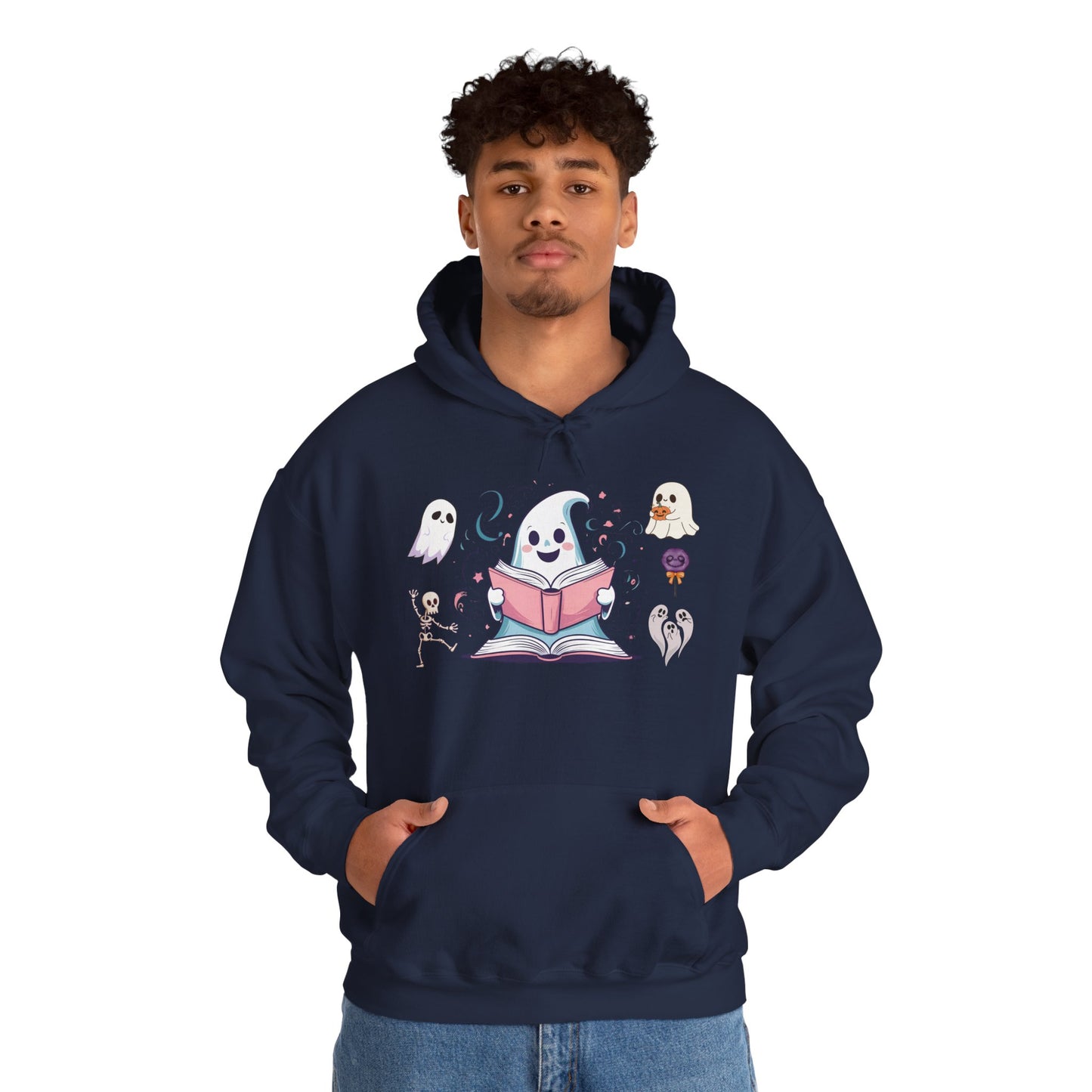 Cute Ghost Reading Hoodie – Whimsical Halloween Sweatshirt for Book Lovers