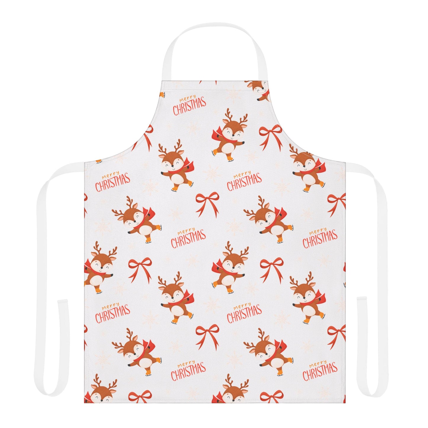 Festive Christmas Apron with Cartoon Reindeer, Red Bows, and Merry Christmas Text