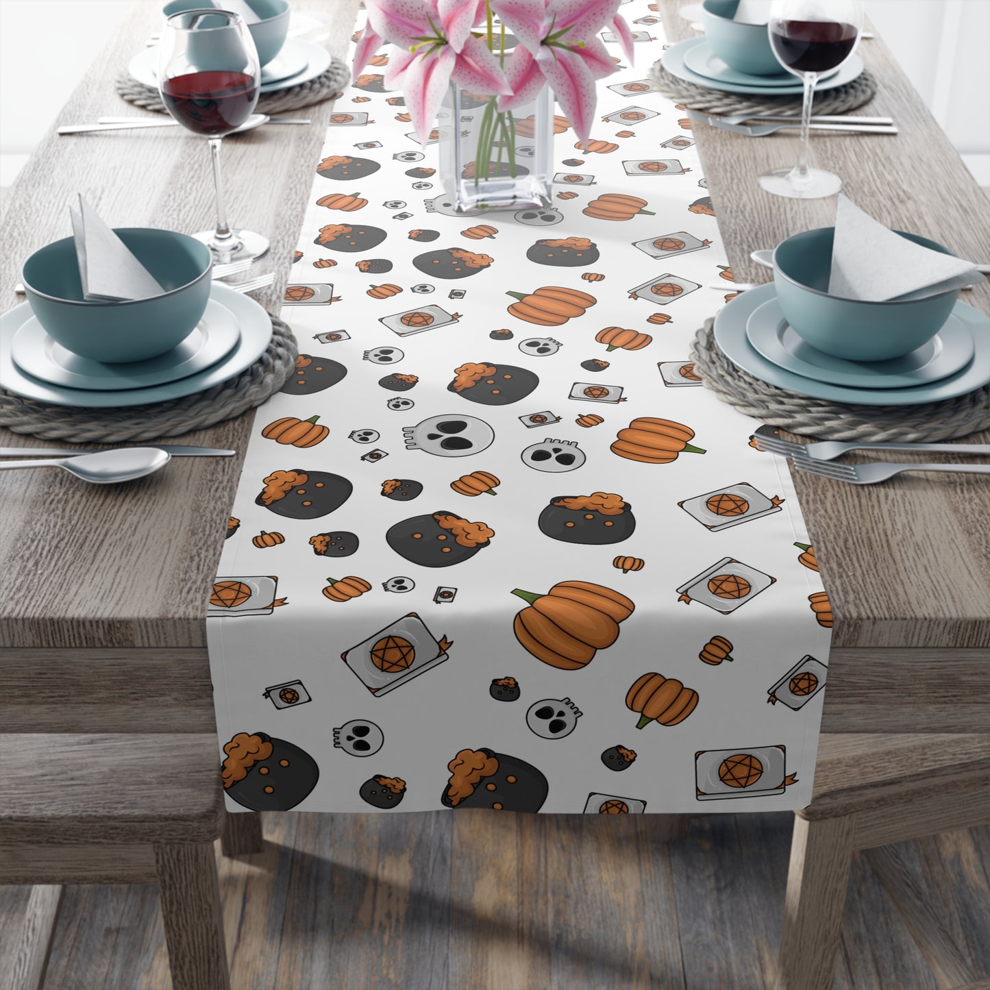 Playful Halloween Icons Table Runner – Festive Pumpkins, Ghosts & Treats Decor