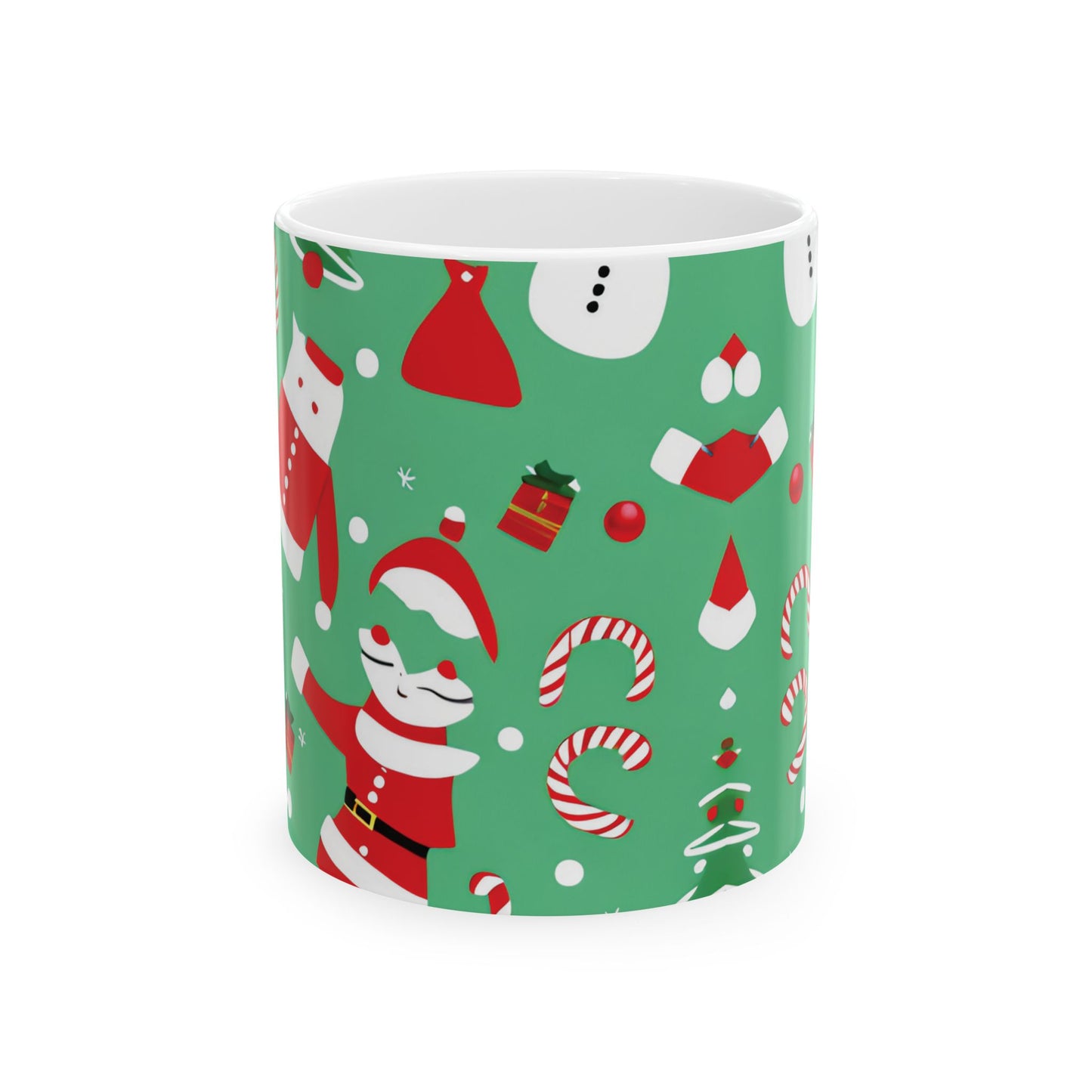Ceramic Mug – Green Christmas Design with Santa, Candy Canes & Gifts – Holiday Gift for Coffee & Cocoa Lovers