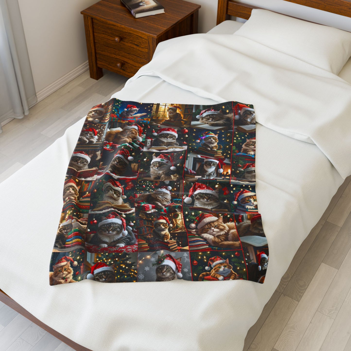 Christmas Cats Reading Blanket, Velveteen Plush Holiday Throw with Santa Hat Kitties & Books