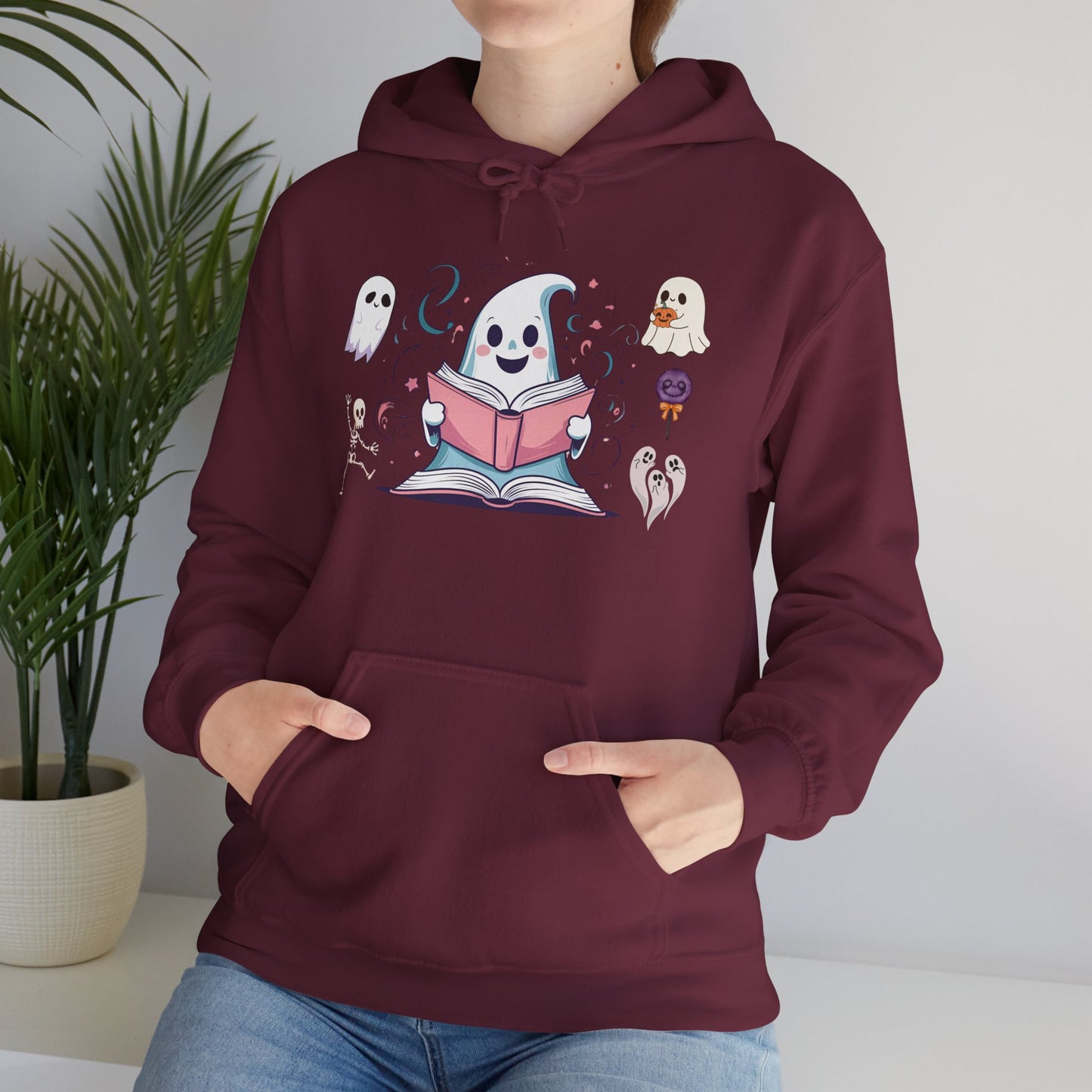 Cute Ghost Reading Hoodie – Whimsical Halloween Sweatshirt for Book Lovers