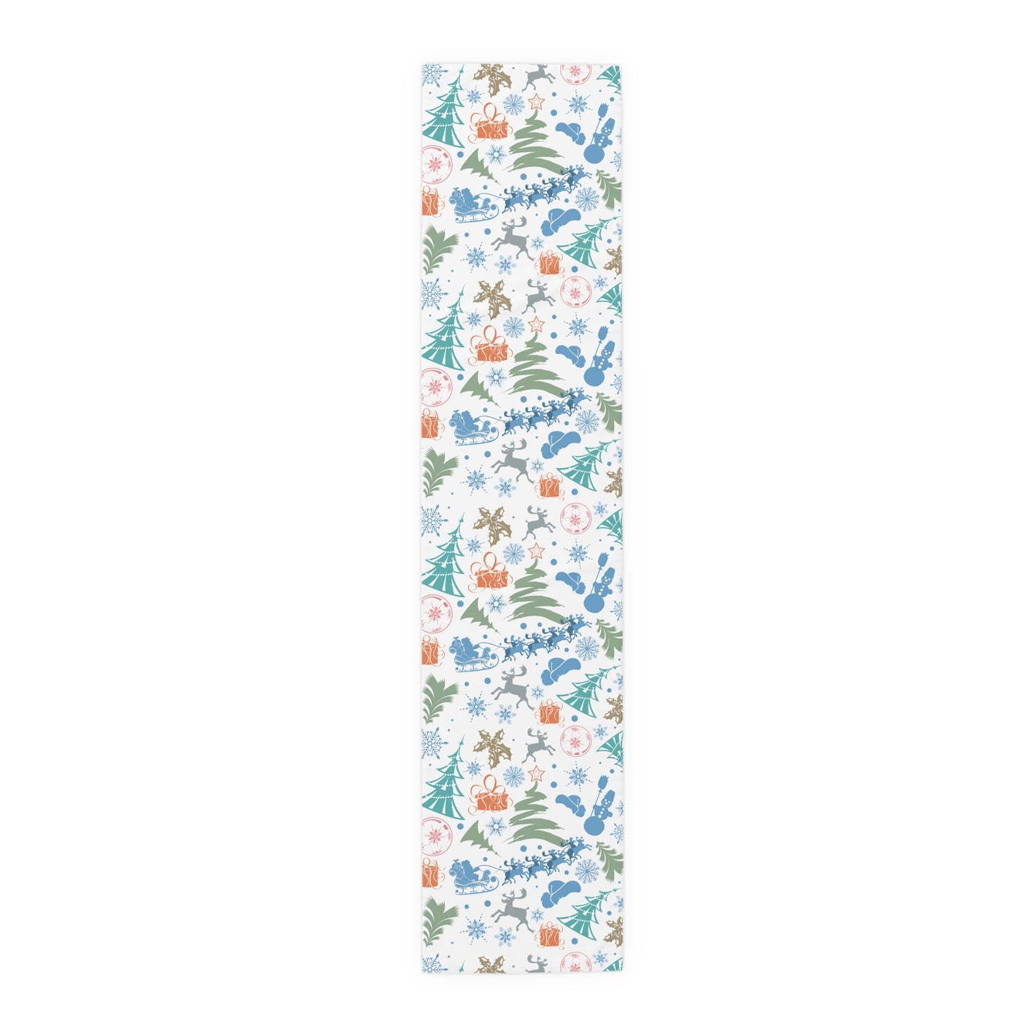 Christmas Table Runner, Whimsical Holiday Pattern with Trees Snowmen Gifts and Animals, Light Background Festive Dining Decor