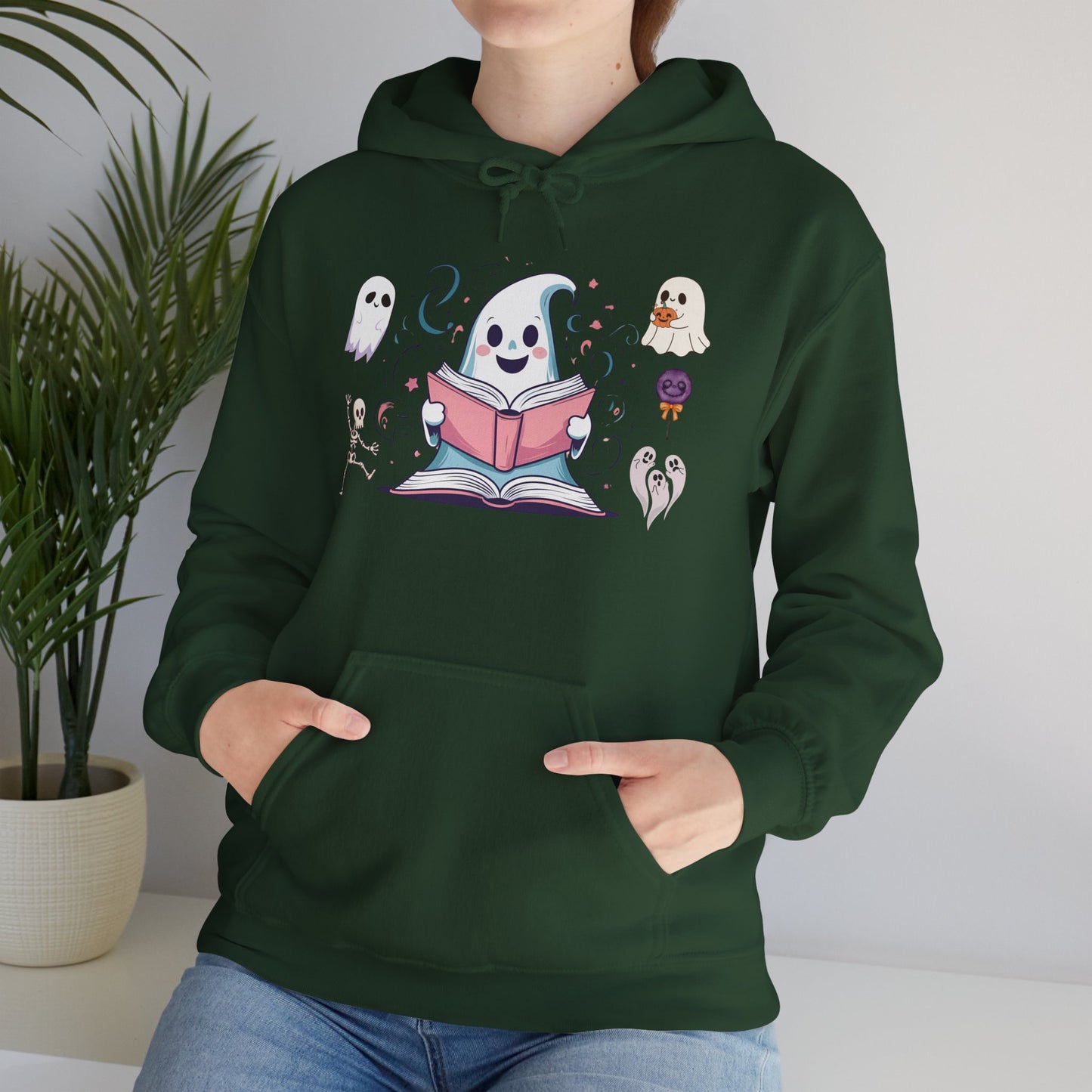 Cute Ghost Reading Hoodie – Whimsical Halloween Sweatshirt for Book Lovers