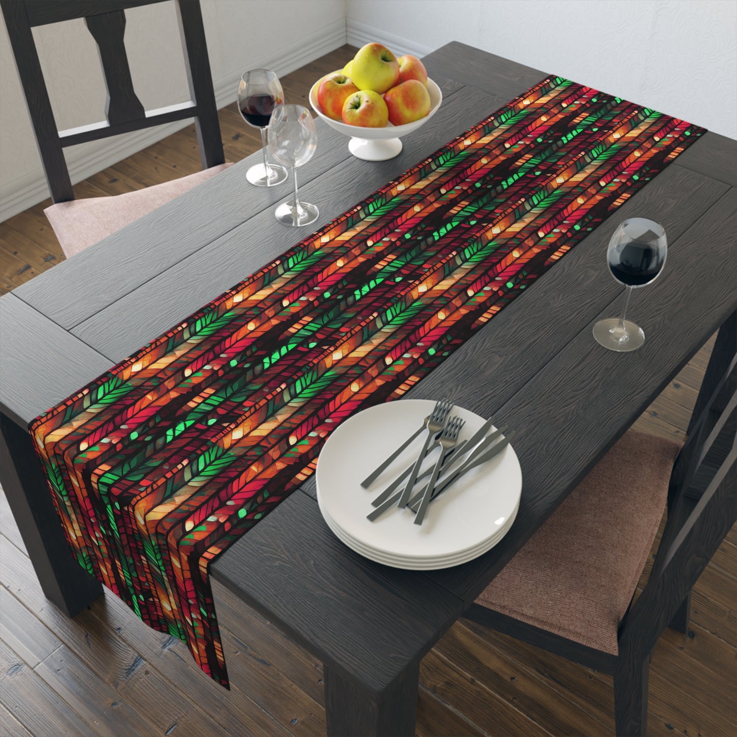 Autumn Leaf Pattern Table Runner – Festive Red, Orange & Green Fall Decor