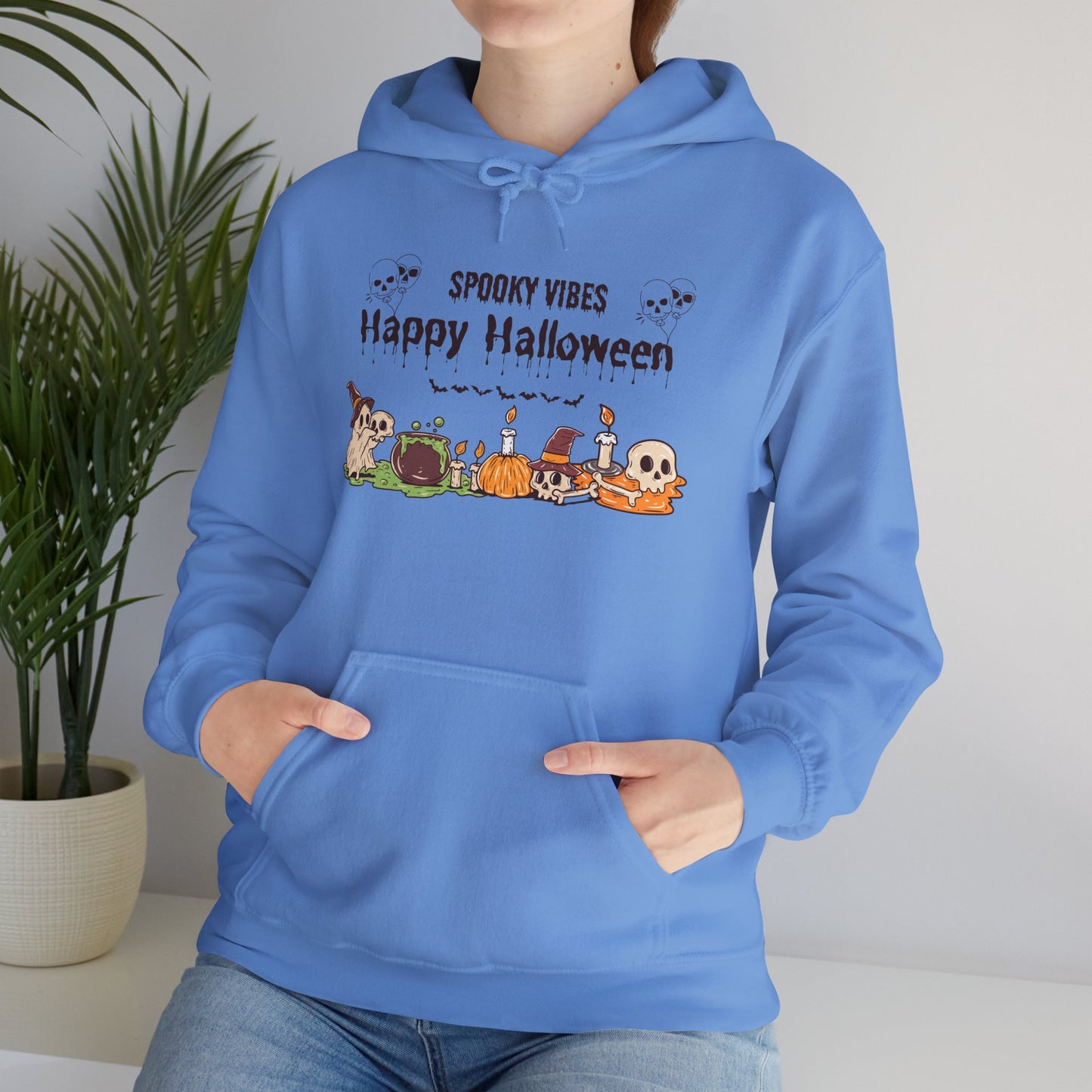 Spooky Vibes” Halloween Hoodie – Ghosts, Cauldrons & Cozy Curses