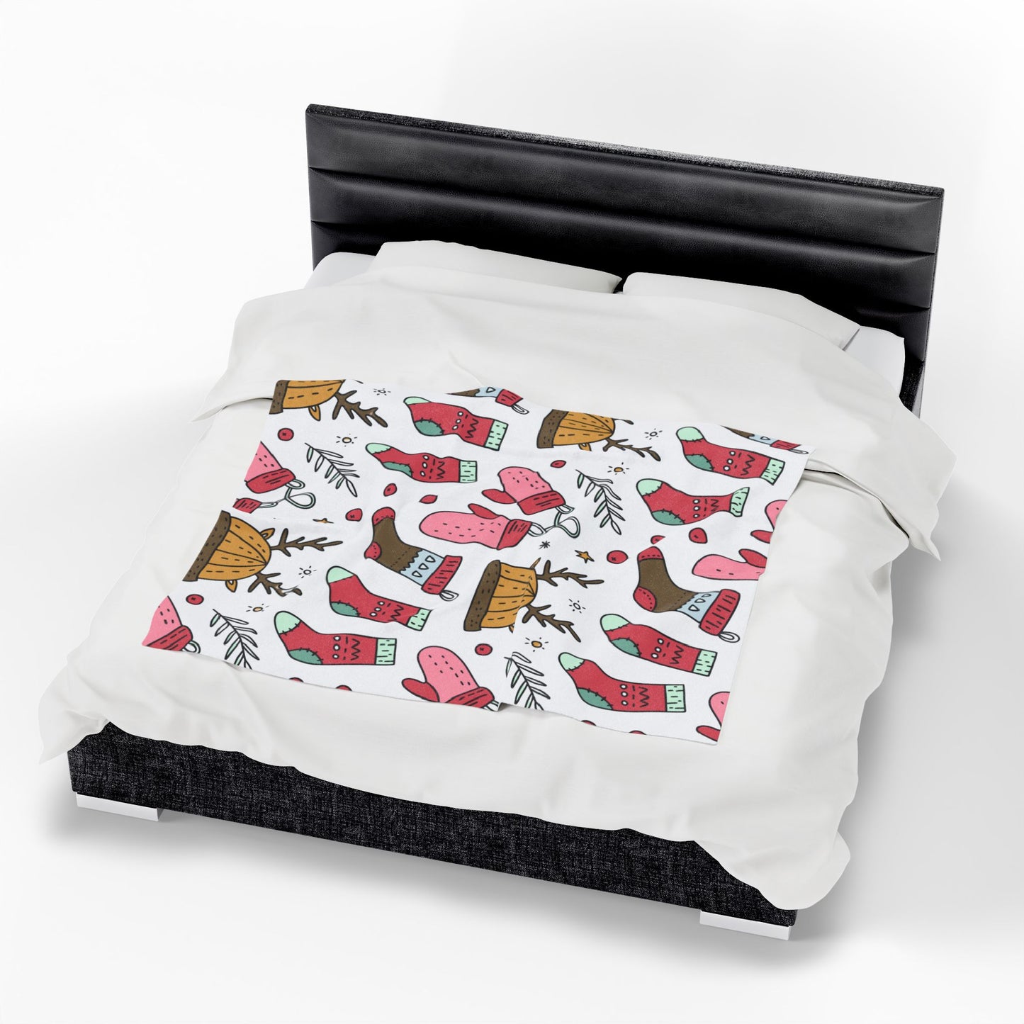 Holiday Print Velveteen Plush Blanket – Reindeer, Mittens & Stockings Design