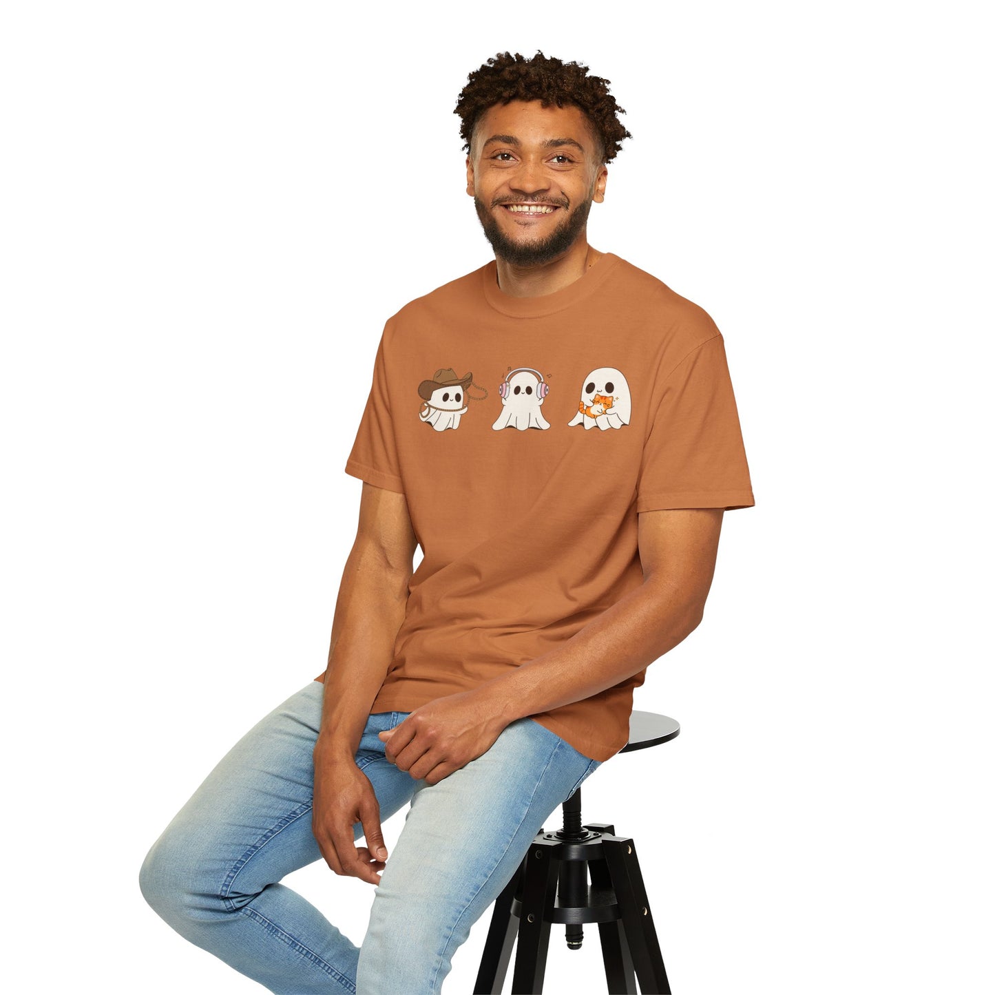 Halloween Ghost Trio T-Shirt – Purple Unisex Tee for Spooky Season & Costume Parties