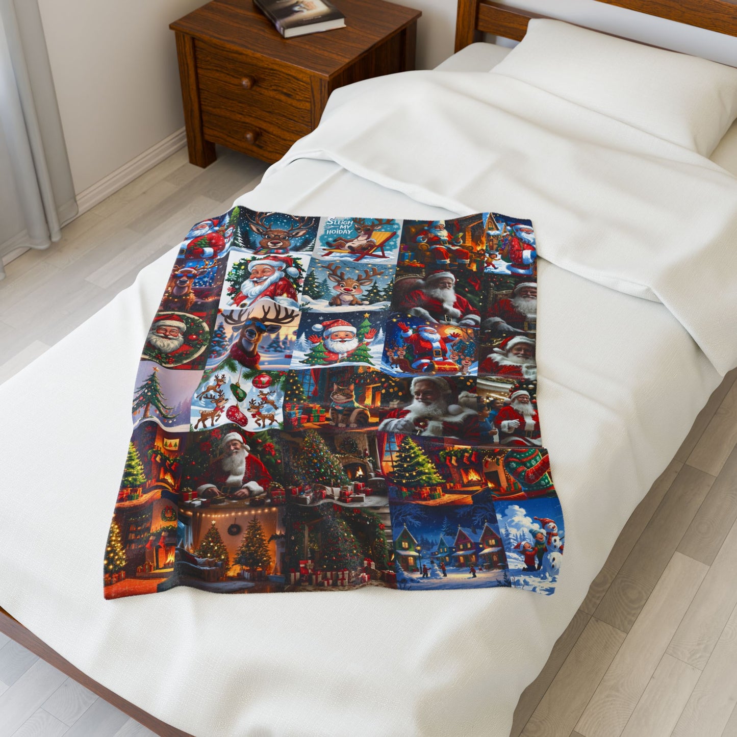 Christmas Collage Velveteen Plush Blanket – Santa, Reindeer & Holiday Scenes