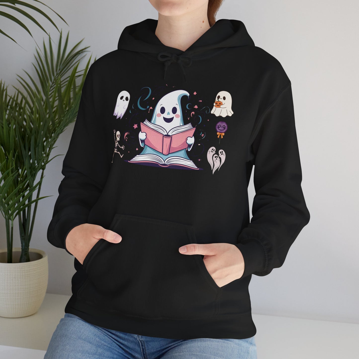 Cute Ghost Reading Hoodie – Whimsical Halloween Sweatshirt for Book Lovers
