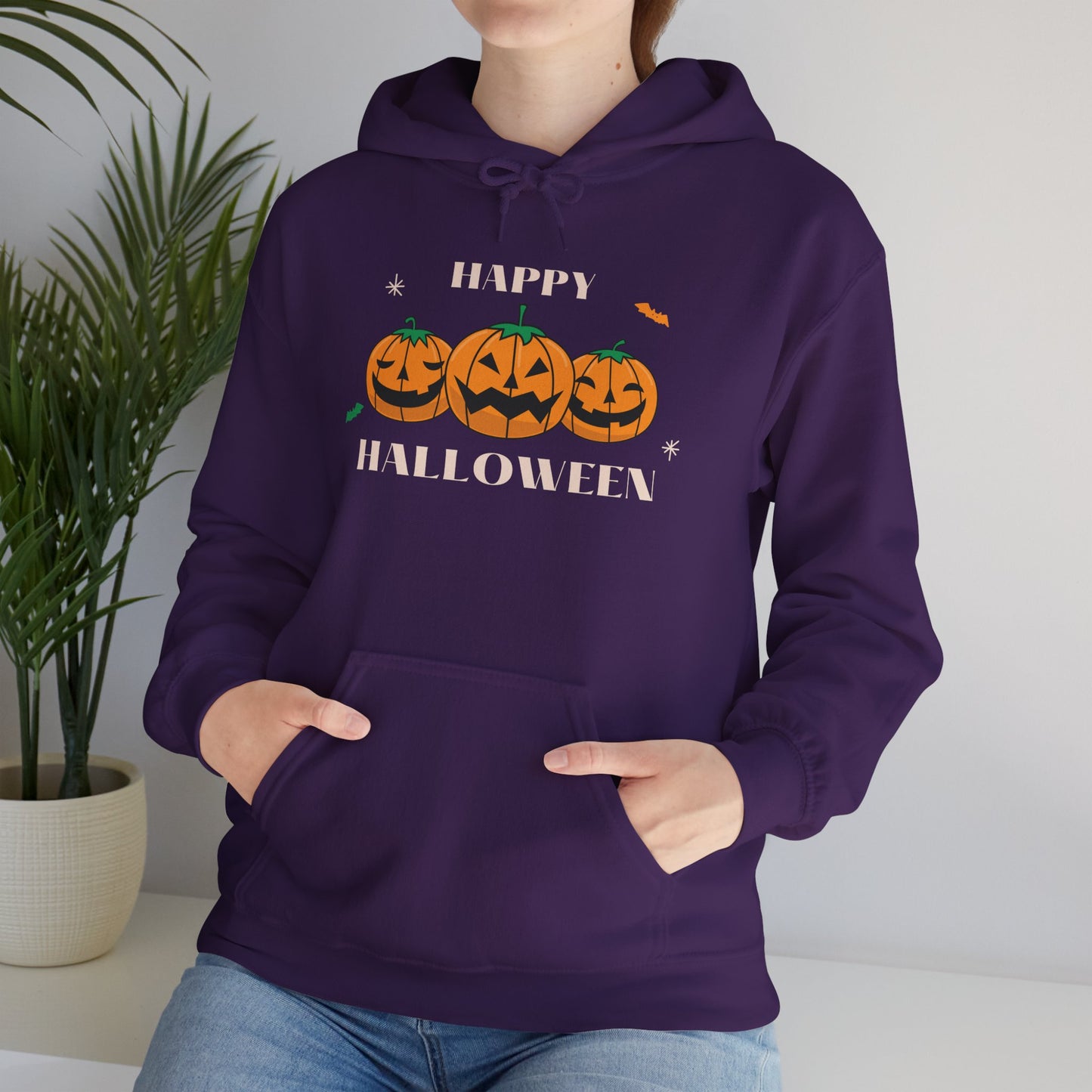 Happy Halloween" Pumpkin Trio Hoodie – Festive & Cozy for Spooky Season