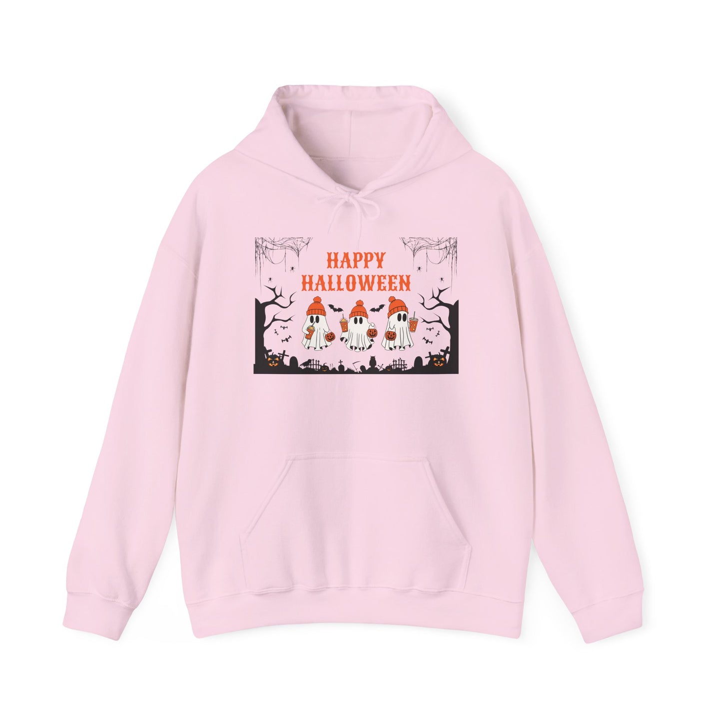 Happy Halloween” Ghost Hoodie – Pumpkin Parade in Haunted Forest