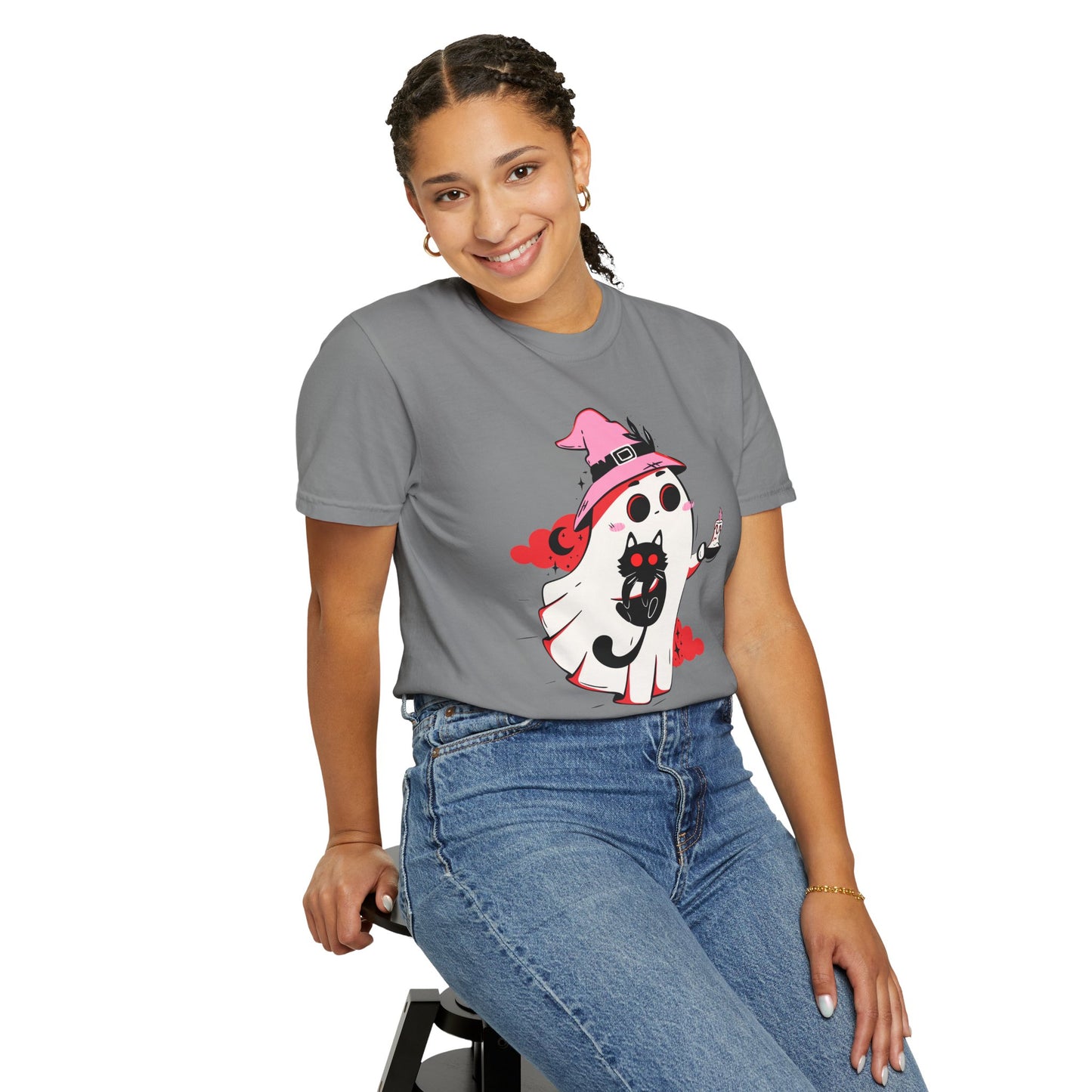 Ghostly Glam T-Shirt - Witchy Whimsy with Cat Companion