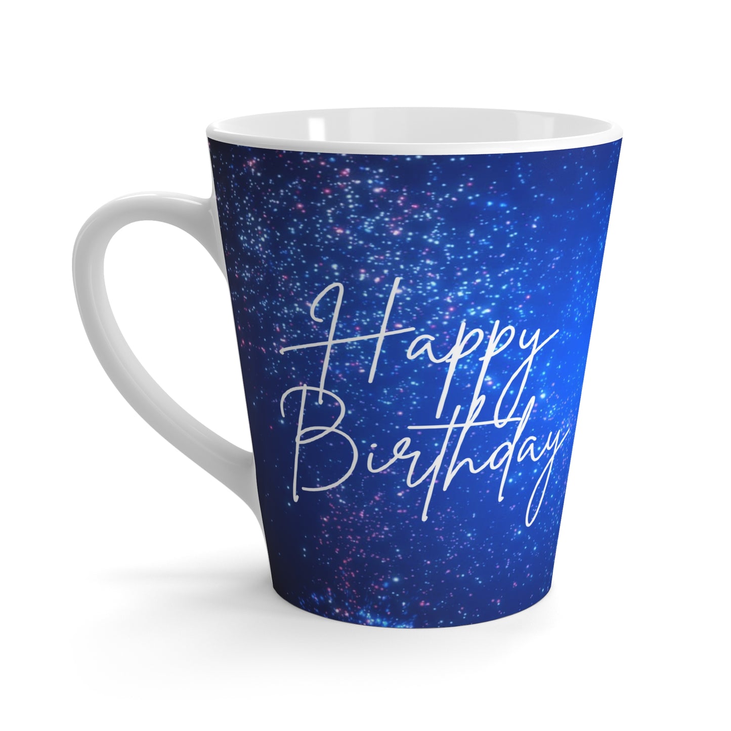 Happy Birthday Latte Mug – Blue Galaxy Ceramic Coffee Cup, 12oz Gift for Coffee Lovers