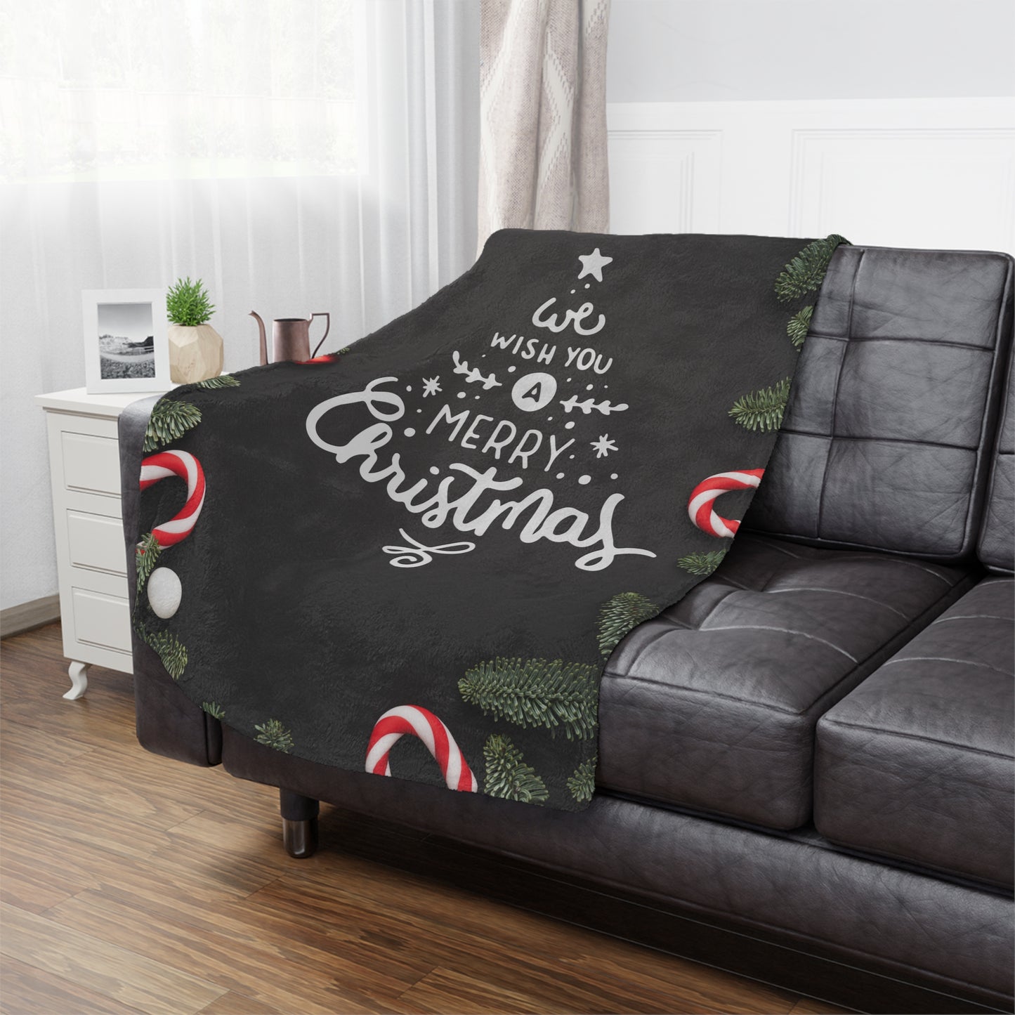 We Wish You Merry Christmas Prited Velveteen Minky Blanket, Black