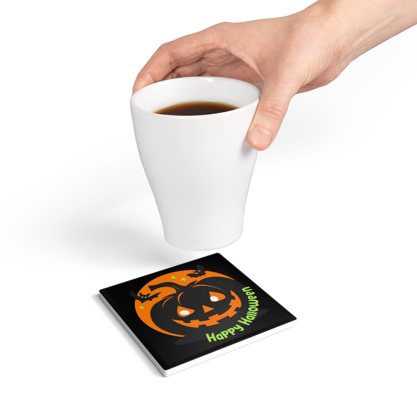 Happy Halloween Ceramic Coaster – Smiling Jack-O’-Lantern with Bats and Stars