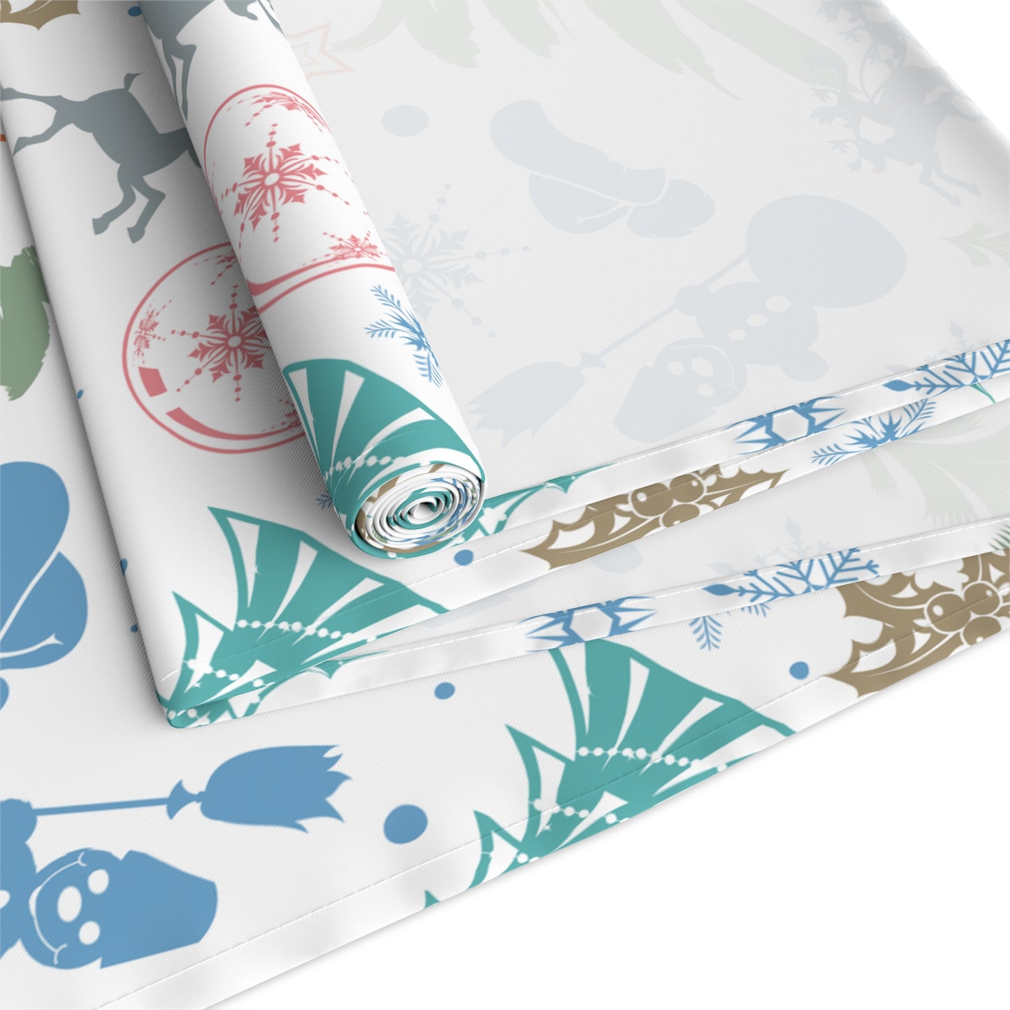 Christmas Table Runner, Whimsical Holiday Pattern with Trees Snowmen Gifts and Animals, Light Background Festive Dining Decor