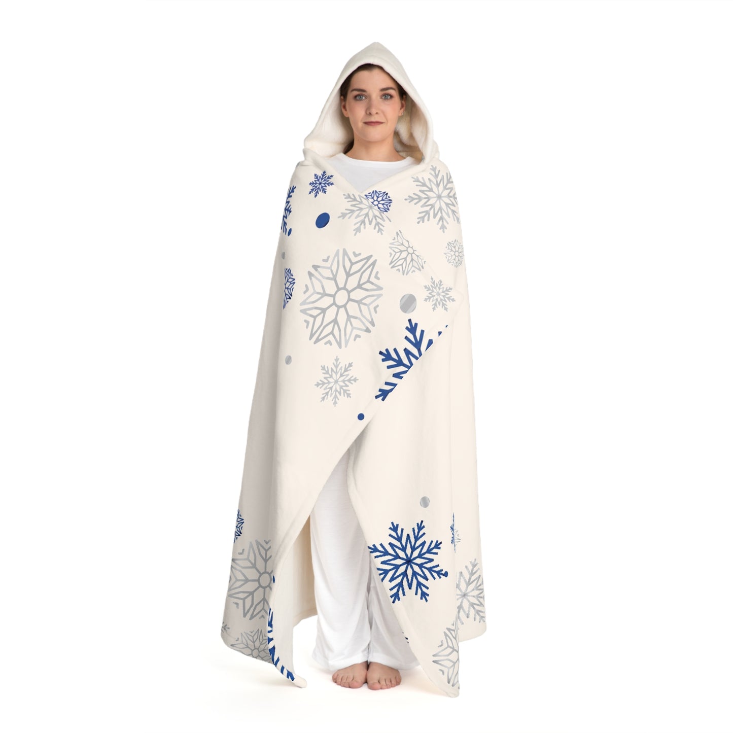 Sherpa Hooded Blanket – Cream with Blue Snowflakes & Christmas Tree – “Merry Christmas” Winter Gift