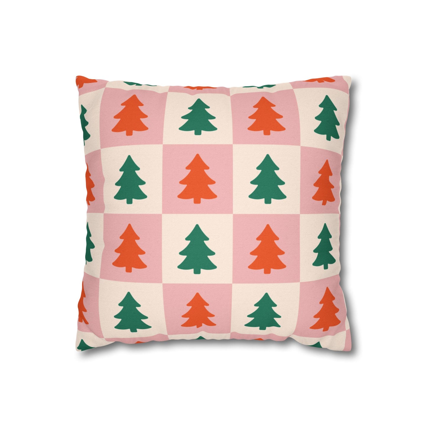 Square Pillowcase - Christmas Tree Checkered Throw Pillow - Pink & White Holiday Cushion