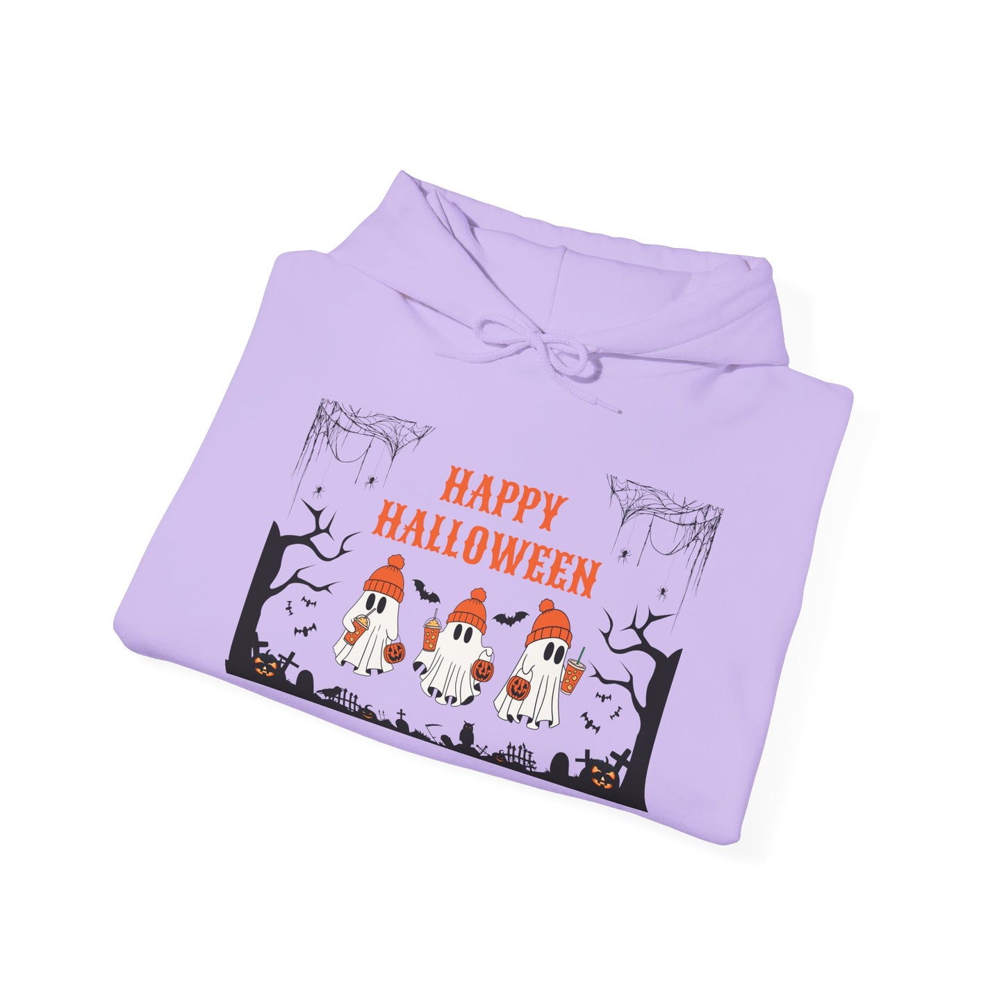 Happy Halloween” Ghost Hoodie – Pumpkin Parade in Haunted Forest