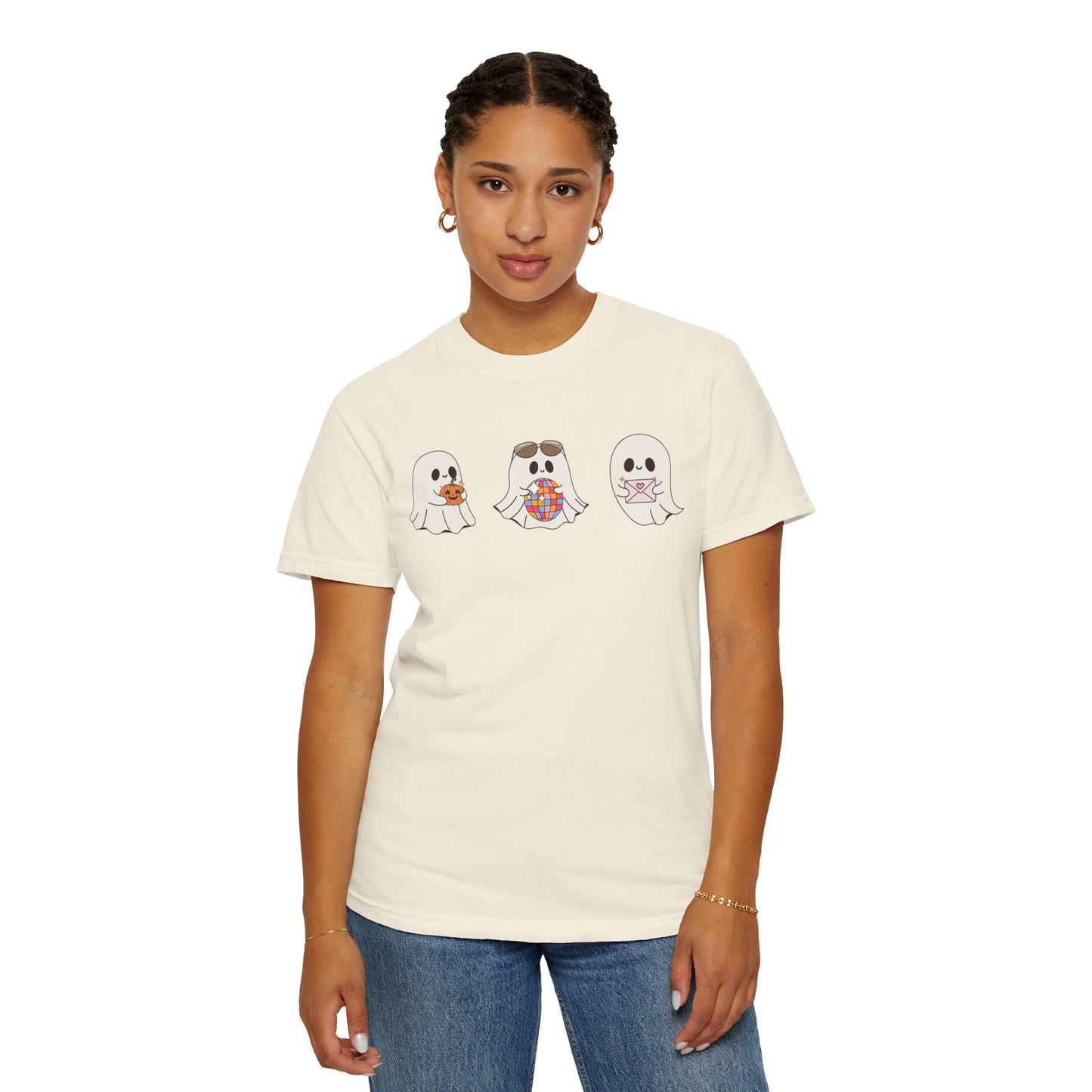 Three Cute Ghosts with Pumpkin, Trick or Treat Party Outfit – October Holiday Shirt