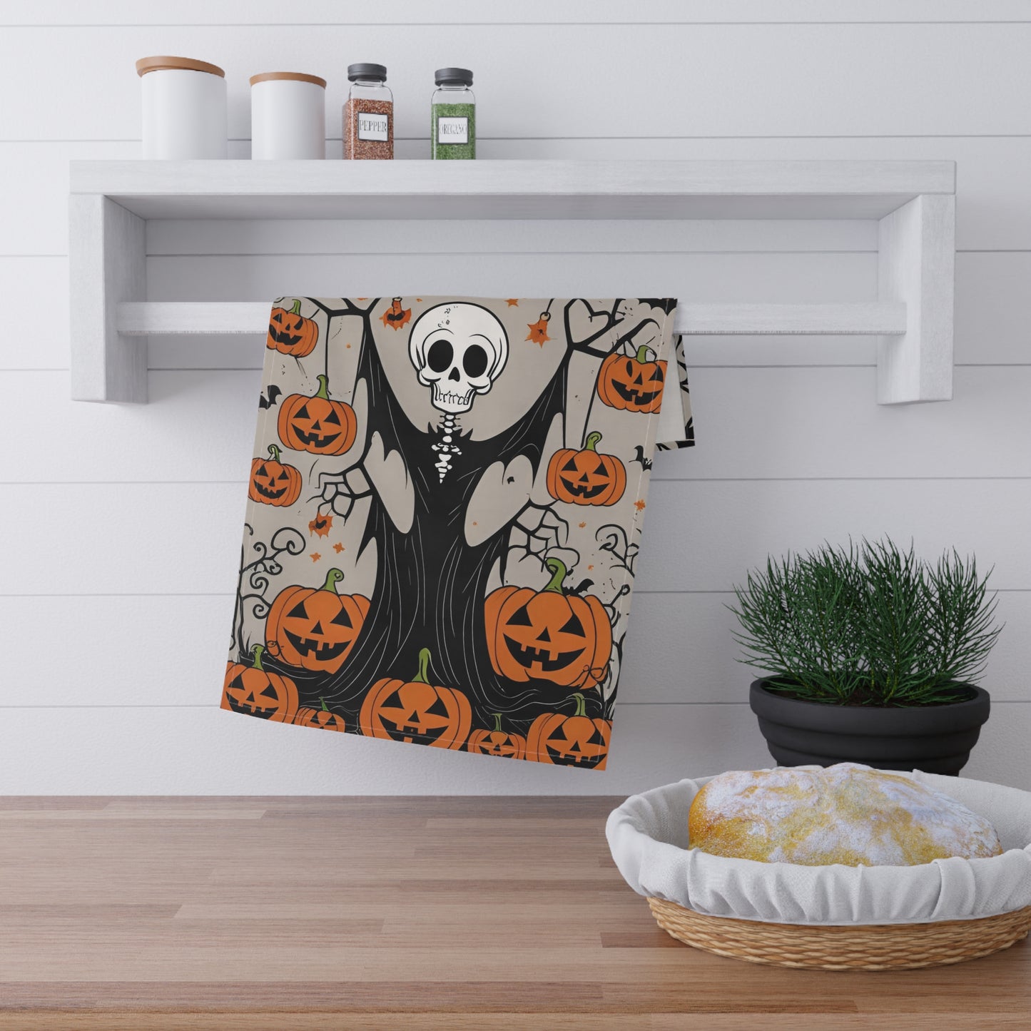 Smiling Skeleton Halloween Tea Towel – Jack-O’-Lantern and Cobweb Design