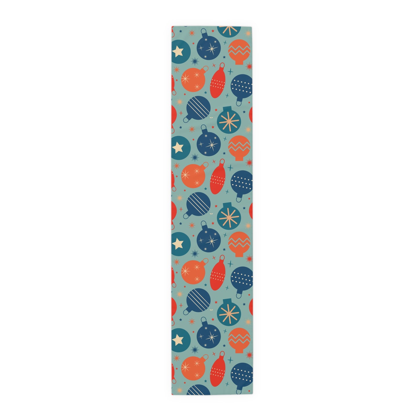 Christmas Ornament Pattern Table Runner – Festive Red, Orange & Blue Holiday Decor