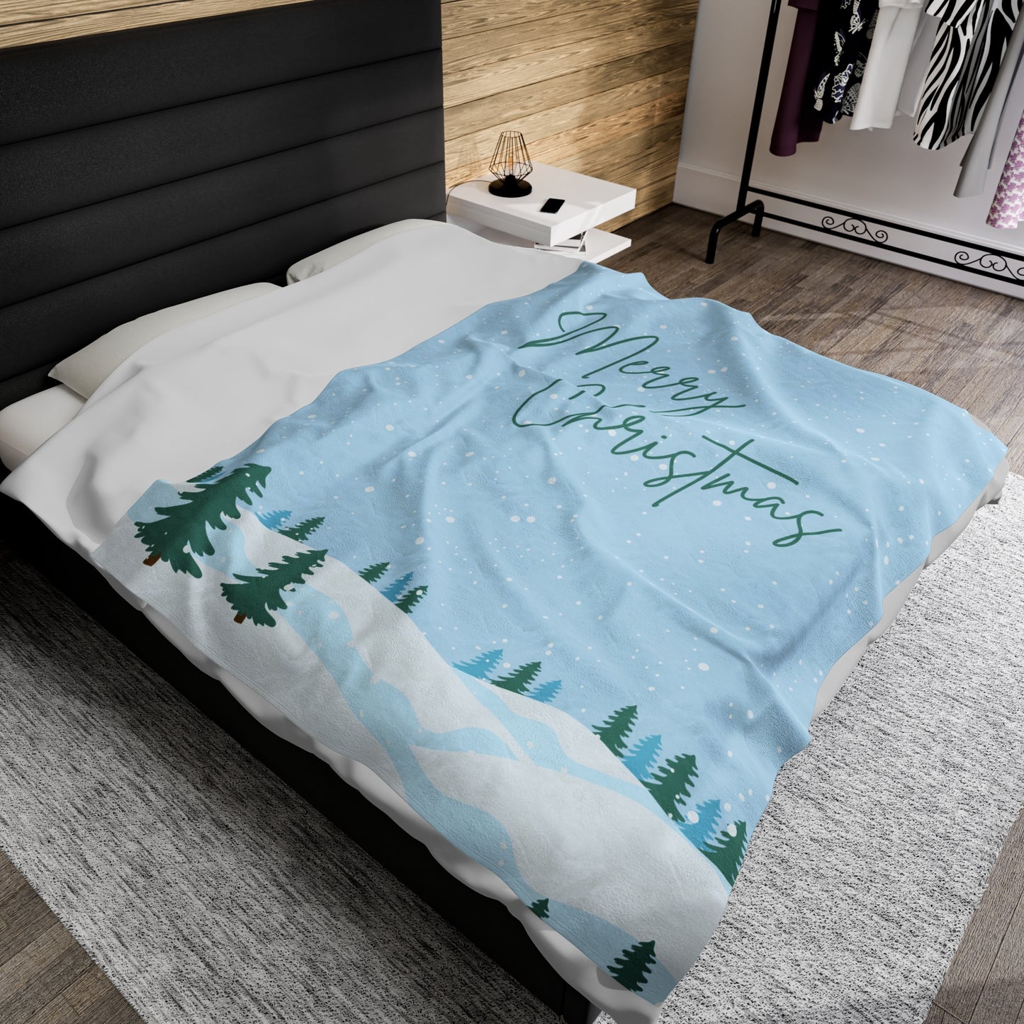Merry Christmas Printed Velveteen Plush Blanket, Sky Blue