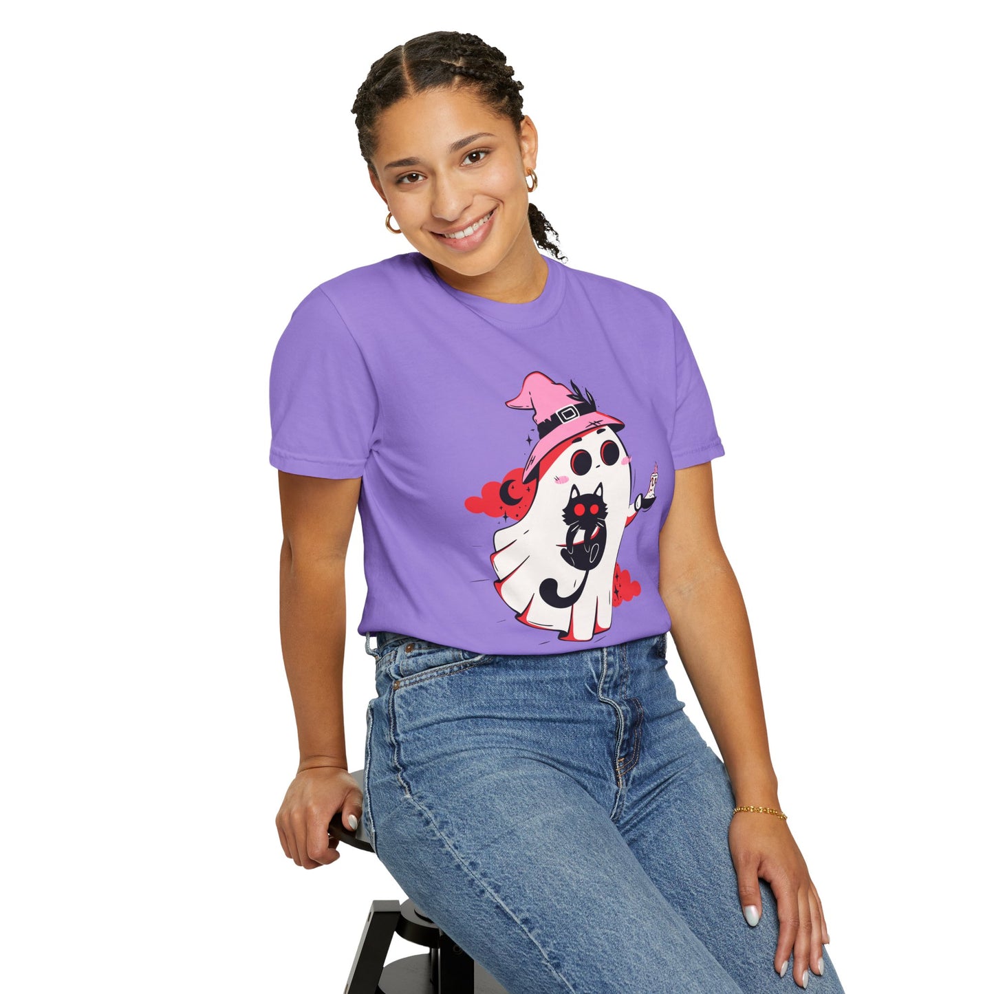 Ghostly Glam T-Shirt - Witchy Whimsy with Cat Companion