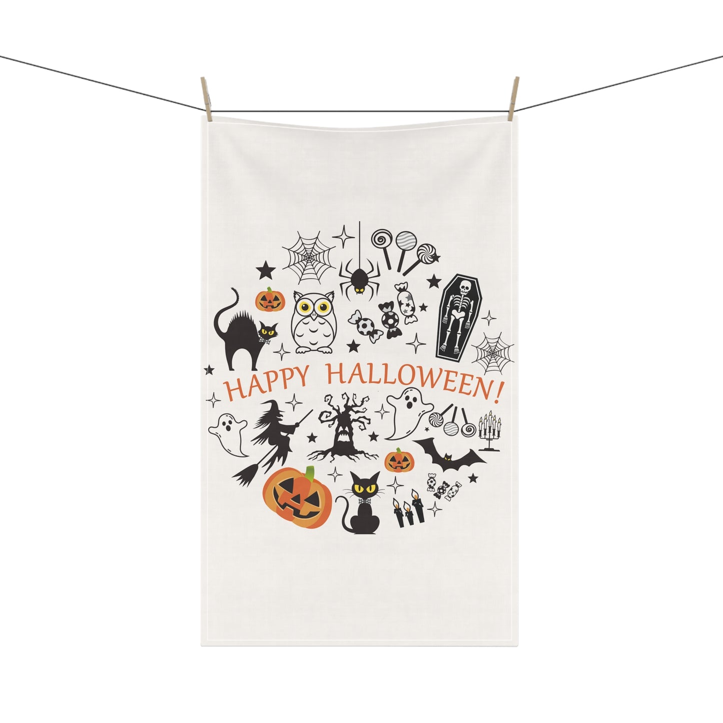 Happy Halloween Tea Towel – Black Cat, Ghosts, Pumpkins, and Bats Design
