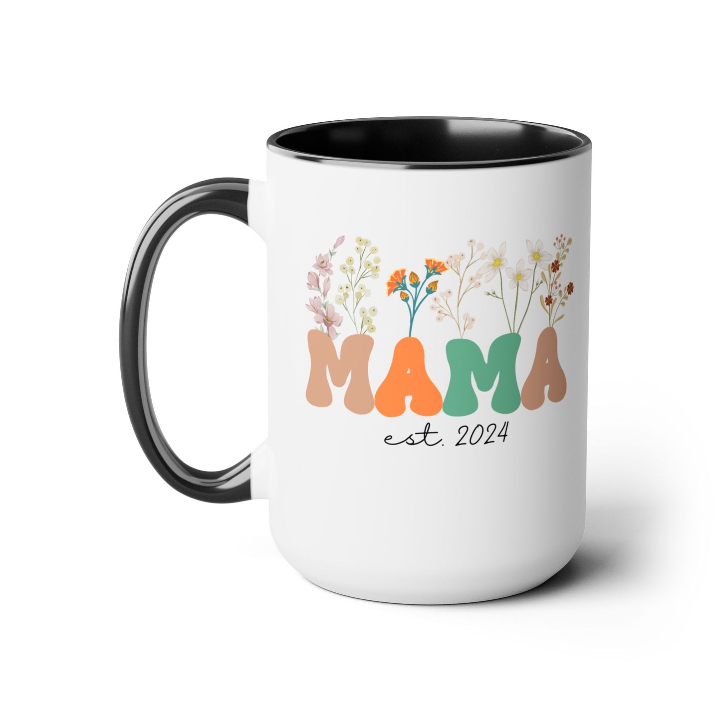 Mama est. Ceramic Coffee Mug – Boho Floral Personalized Mom Gift, 15oz