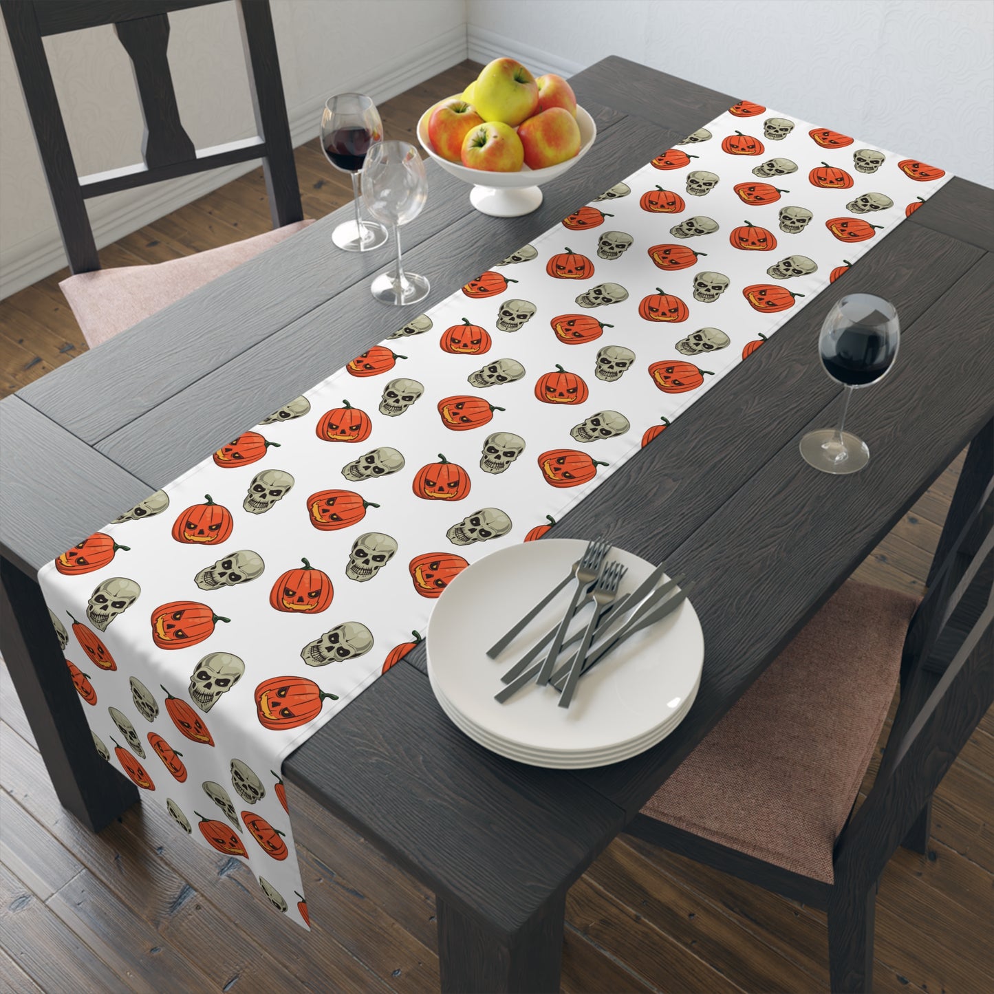 Cartoon Skull & Pumpkin Table Runner – Festive Orange & Gray Halloween Decor