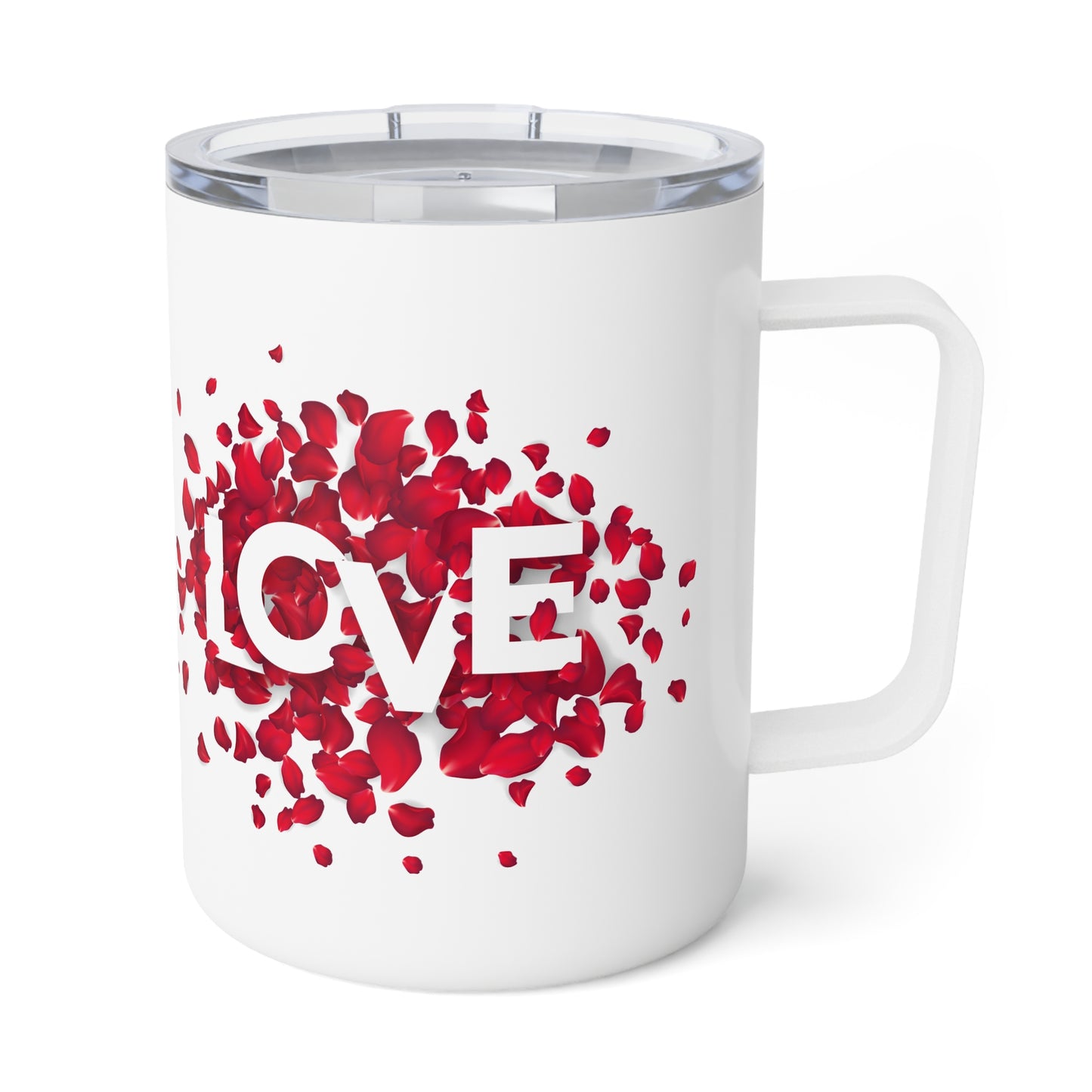 Romantic Travel Mug with “LOVE” and Rose Petals – 10oz Stainless Steel, Acrylic Lid