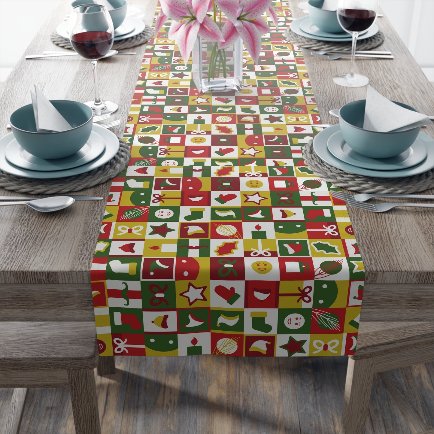 Table Runner – Red & Green Christmas Icons – Festive Dining Decor & Holiday Gift