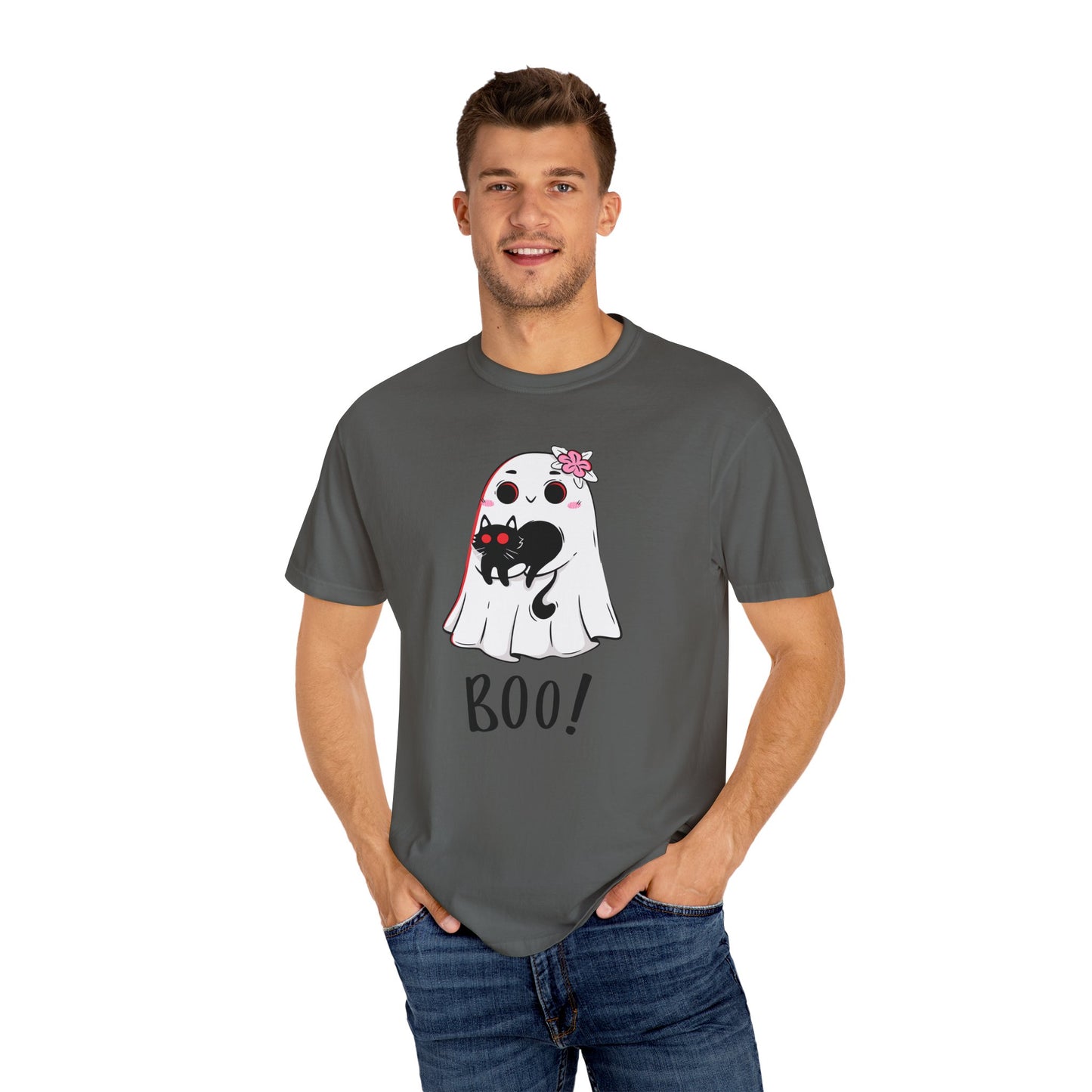 BOO Buddies Tee – Ghost & Cat Duo with Floral Charm