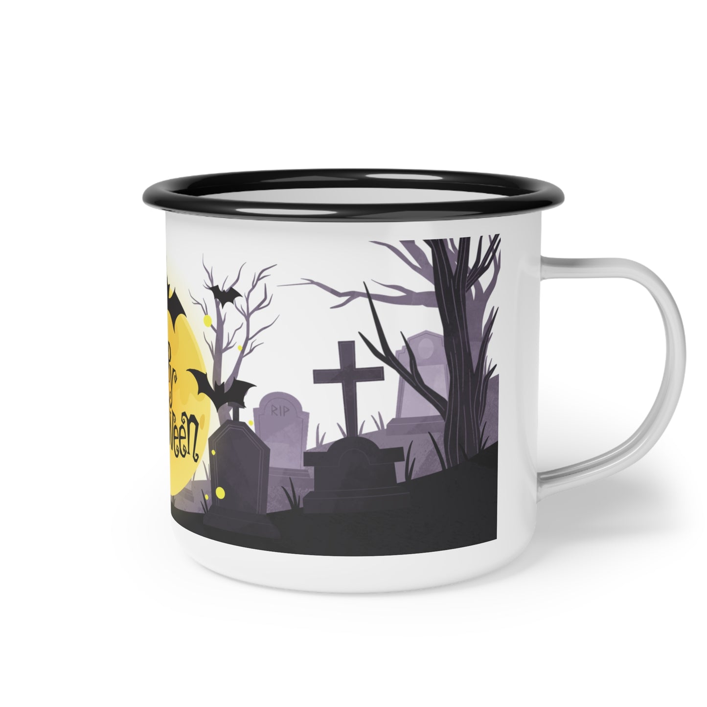 Happy Halloween Enamel Camp Cup – Whimsical Moon and Graveyard Design
